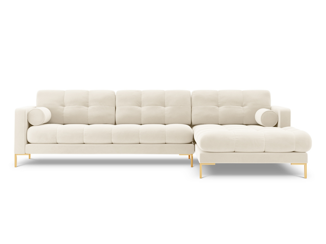 Cosmopolitan Design högervänd sammetshörnsoffa, "Bali", 5-sits, 293 × 185 × 75 cm, Bluvel, guldfärgade metallben