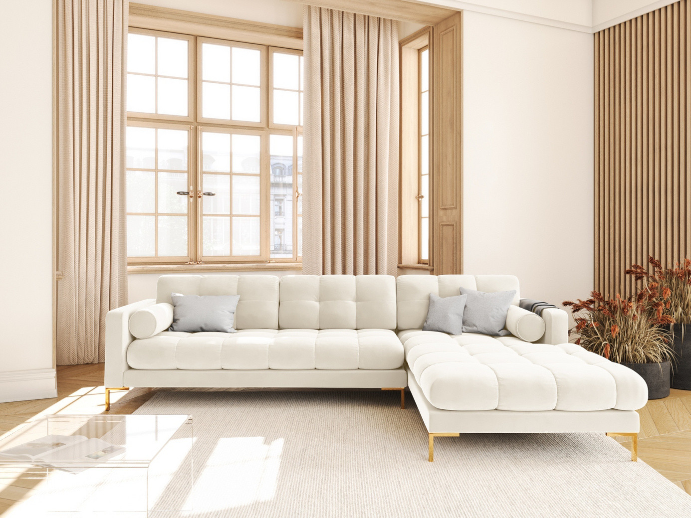 Cosmopolitan Design högervänd sammetshörnsoffa, "Bali", 5-sits, 293 × 185 × 75 cm, Bluvel, guldfärgade metallben