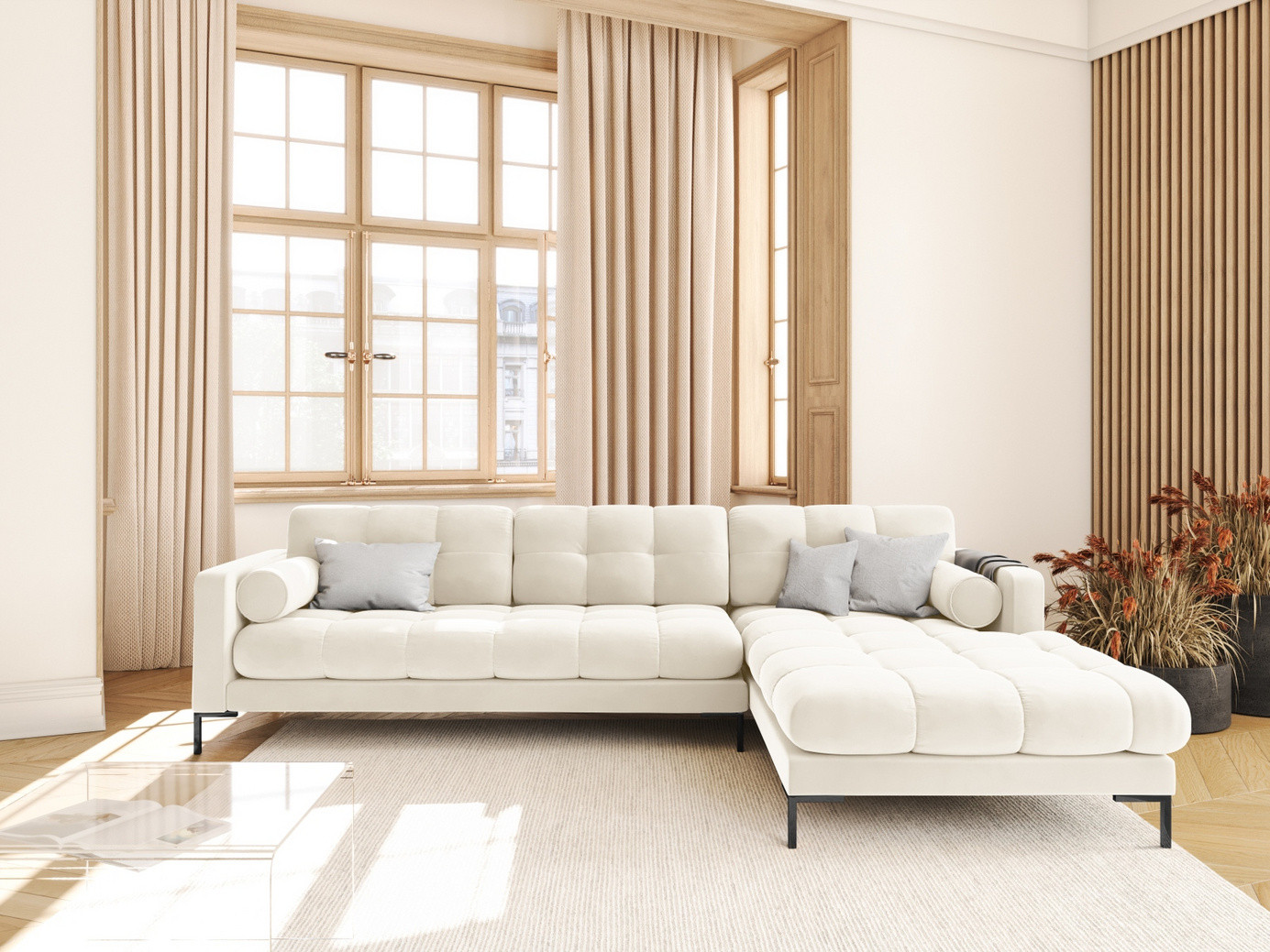Cosmopolitan Design högervänd sammetshörnsoffa, "Bali", 5-sits, 293 × 185 × 75 cm, Bluvel, svarta metallben