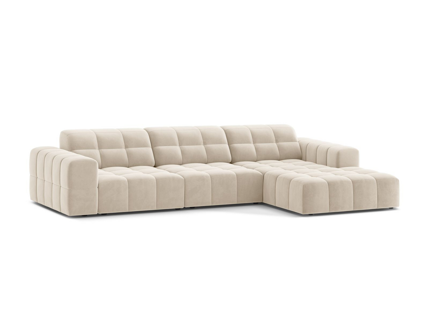 Cosmopolitan Design högervänd sammetshörnsoffa, "Chicago", 4-sits, 294 × 167 × 78 cm, Bluvel, svarta plastben