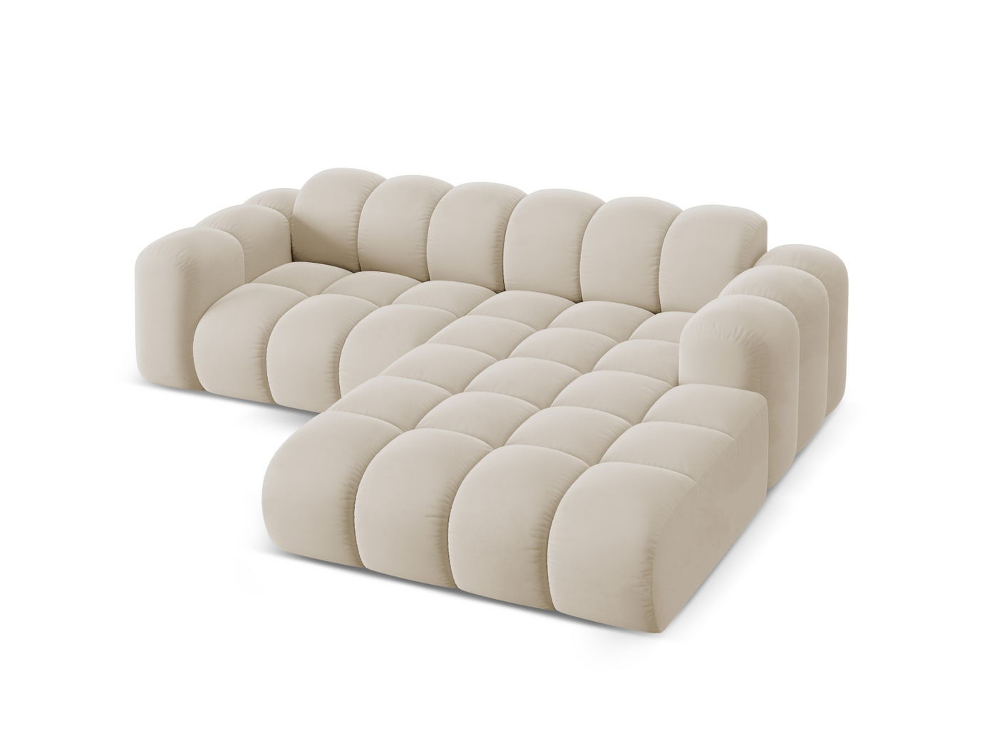 Cosmopolitan Design högervänd sammetshörnsoffa, "Treno", 3-sits, 240 × 184 × 70 cm, Bluvel, svarta plastben