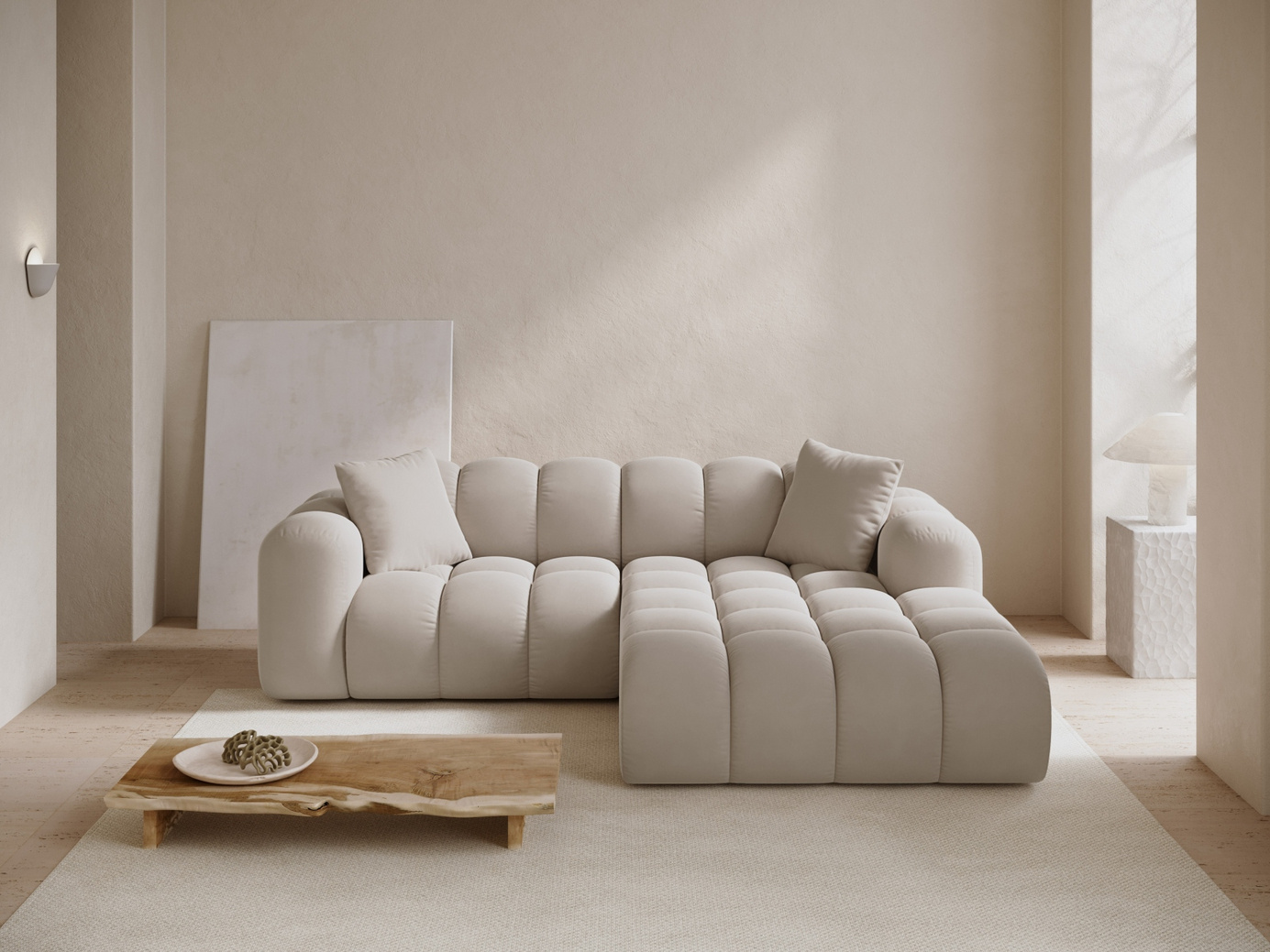 Cosmopolitan Design högervänd sammetshörnsoffa, "Treno", 3-sits, 240 × 184 × 70 cm, Bluvel, svarta plastben