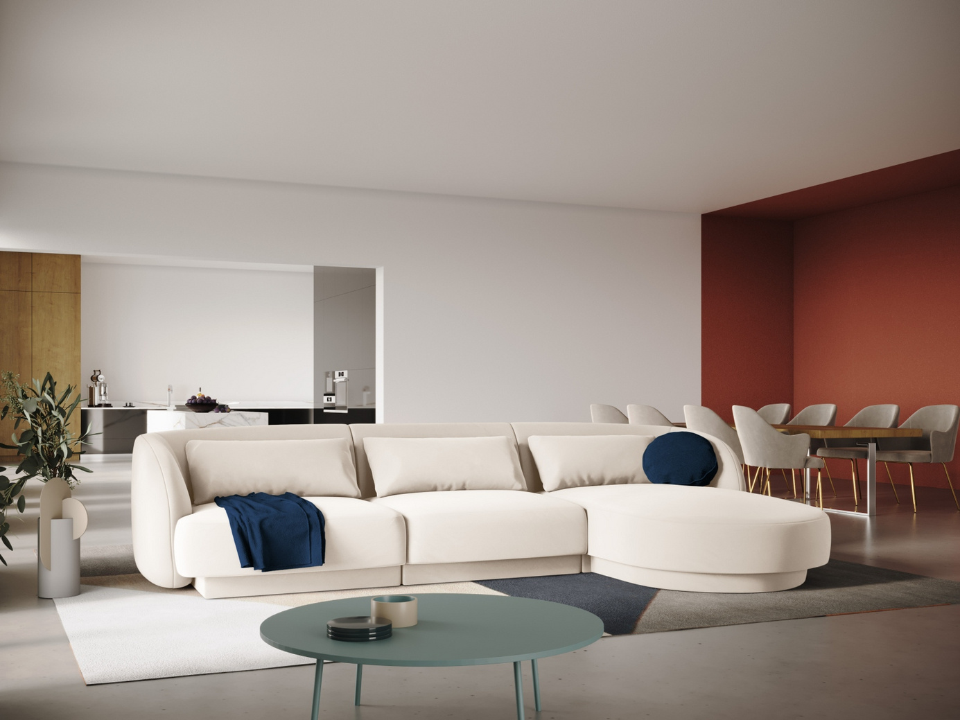 Cosmopolitan Design högervänd sammetshörnsoffa, "Tulum", 4-sits, 255 × 156 × 70 cm, Bluvel, svarta plastben