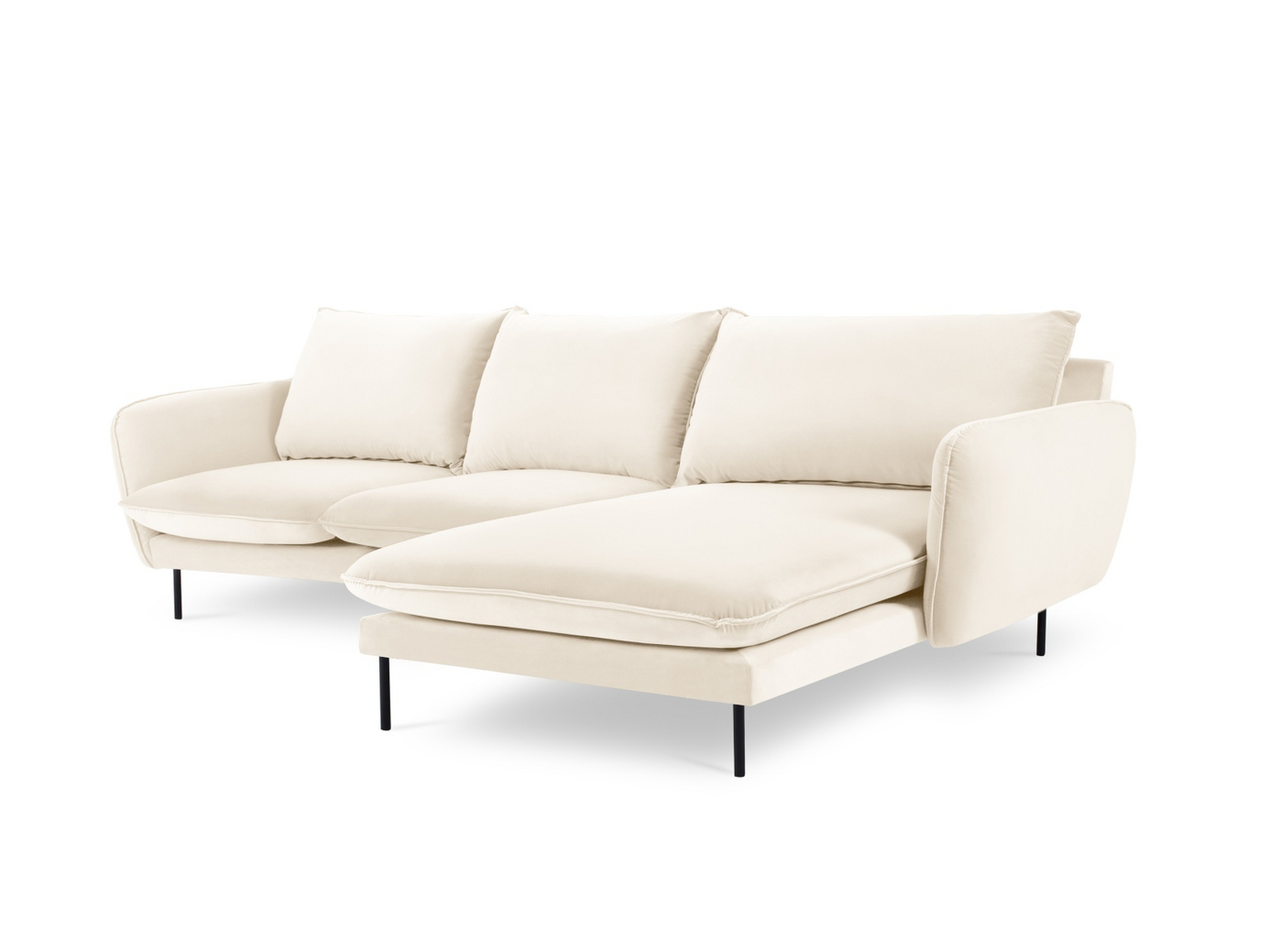 Cosmopolitan Design högervänd sammetshörnsoffa, "Vienna", 5-sits, 255 × 170 × 95 cm, Bluvel, svarta metallben