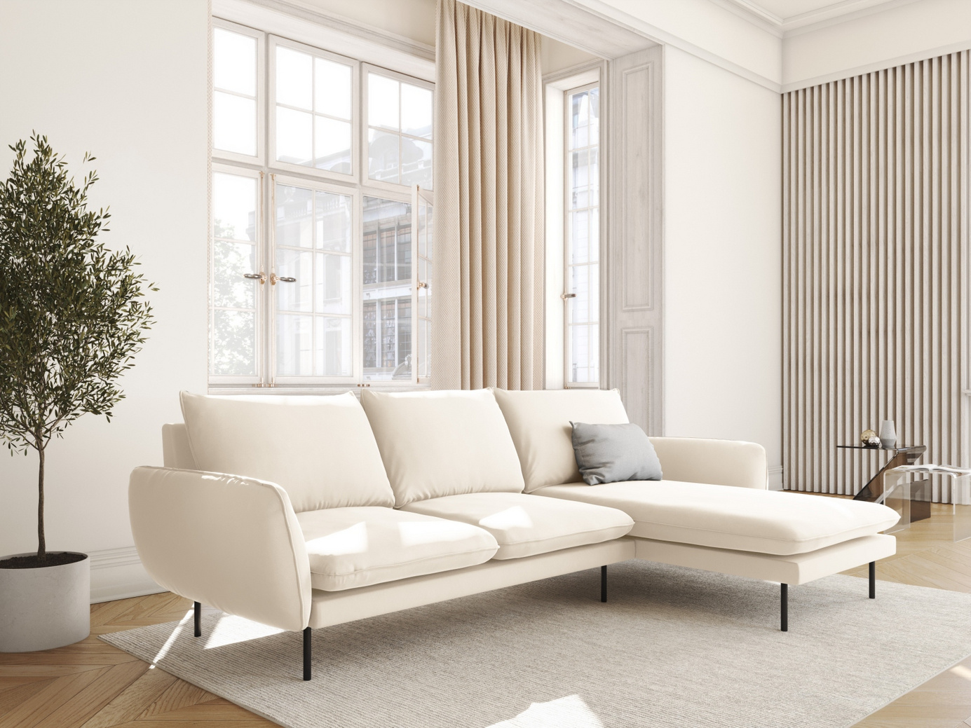 Cosmopolitan Design högervänd sammetshörnsoffa, "Vienna", 5-sits, 255 × 170 × 95 cm, Bluvel, svarta metallben