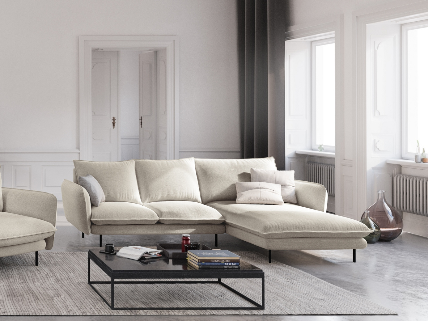 Cosmopolitan Design högervänd hörnsoffa, "Vienna", 5-sits, 255 × 170 × 95 cm, Positano, svarta metallben