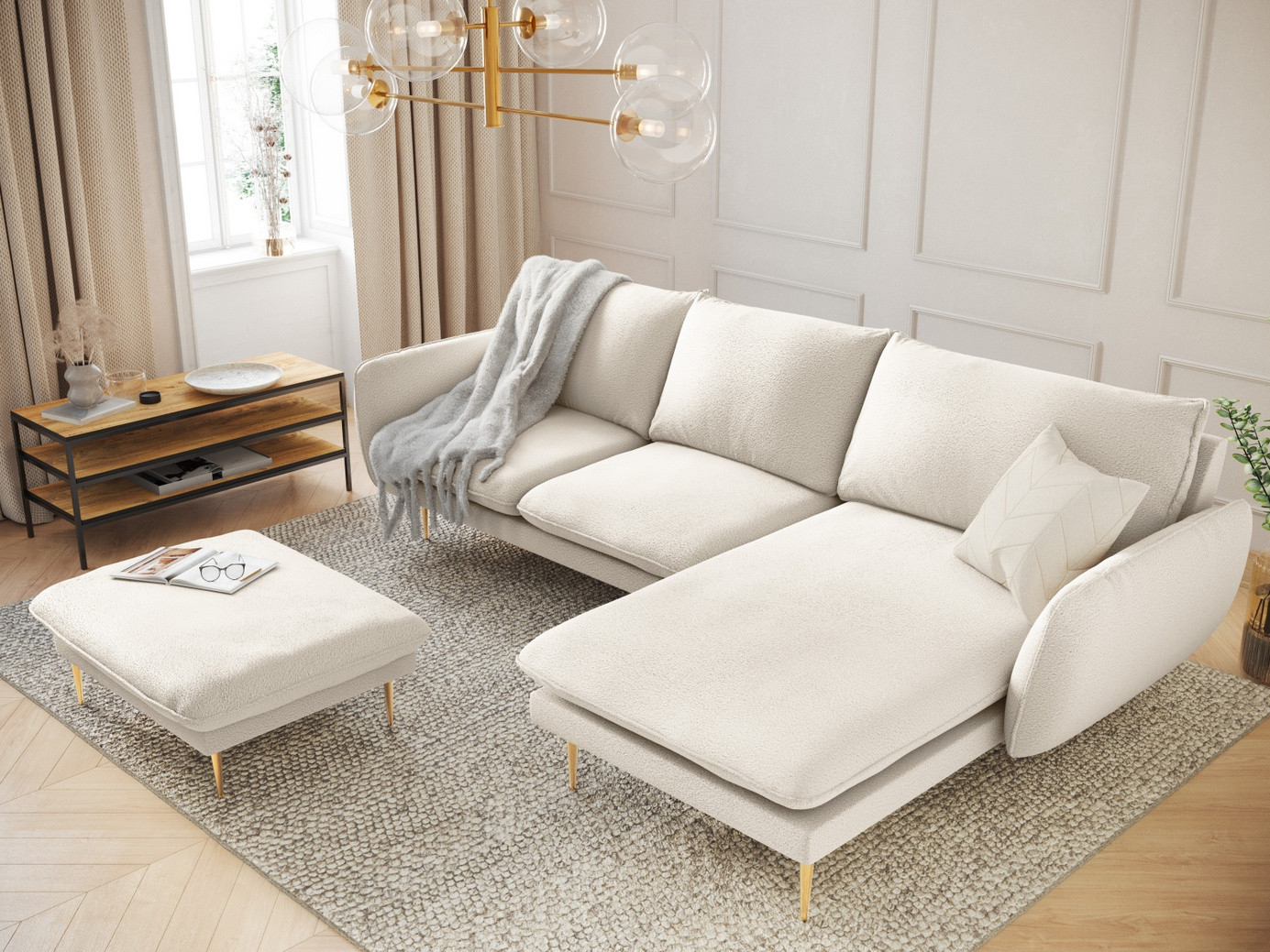 Cosmopolitan Design högervänd boucléhörnsoffa, "Vienna", 5-sits, 255 × 170 × 95 cm, Ascot, guldfärgade metallben