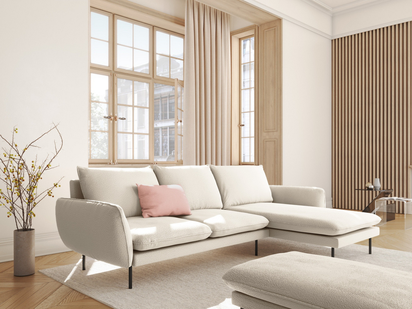 Cosmopolitan Design högervänd boucléhörnsoffa, "Vienna", 5-sits, 255 × 170 × 95 cm, Ascot, svarta metallben