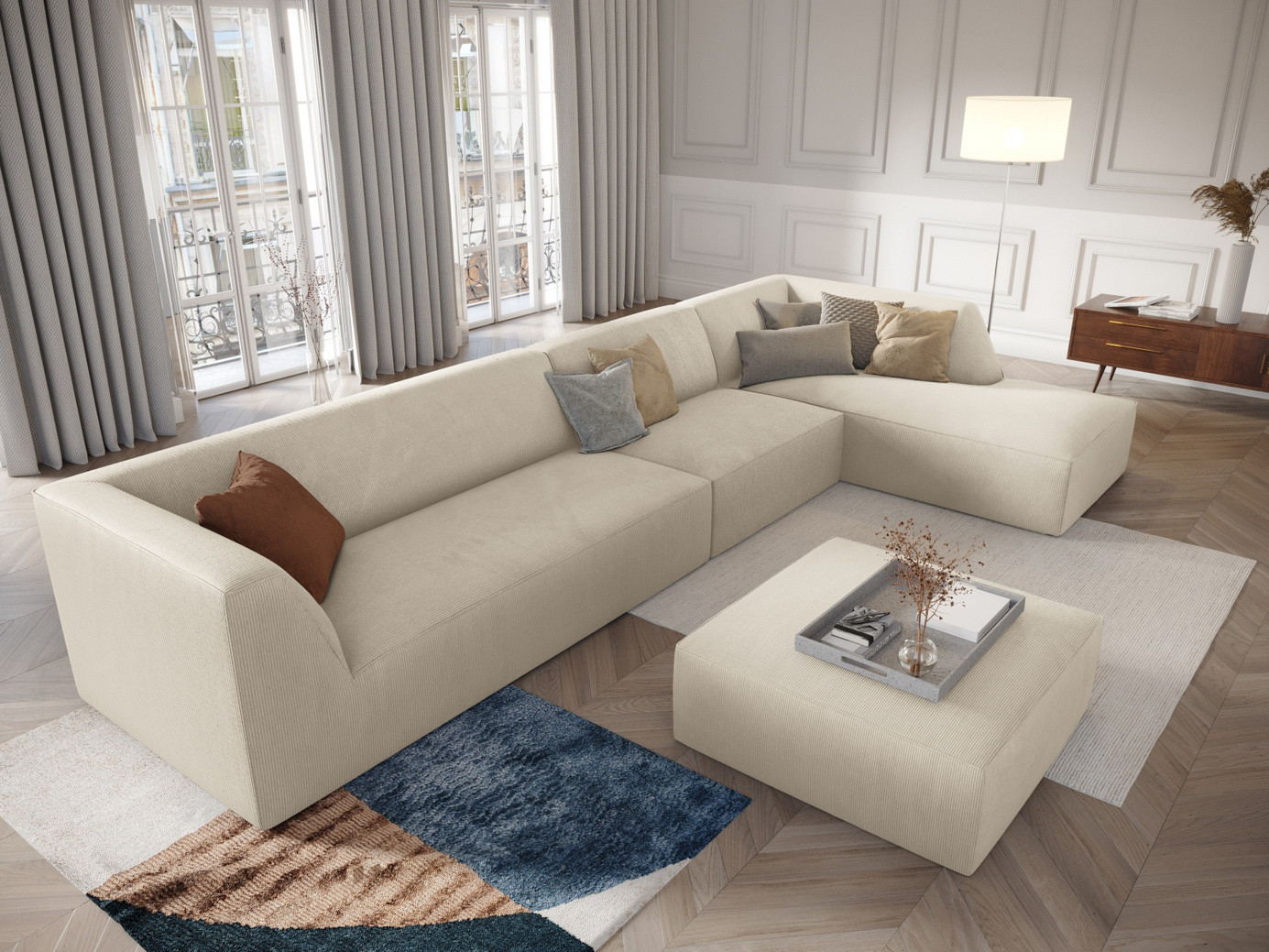 Cosmopolitan Design högervänd modulhörnsoffa, "Siena", 5-sits, 366 × 180 × 69 cm, Scala, svarta plastben