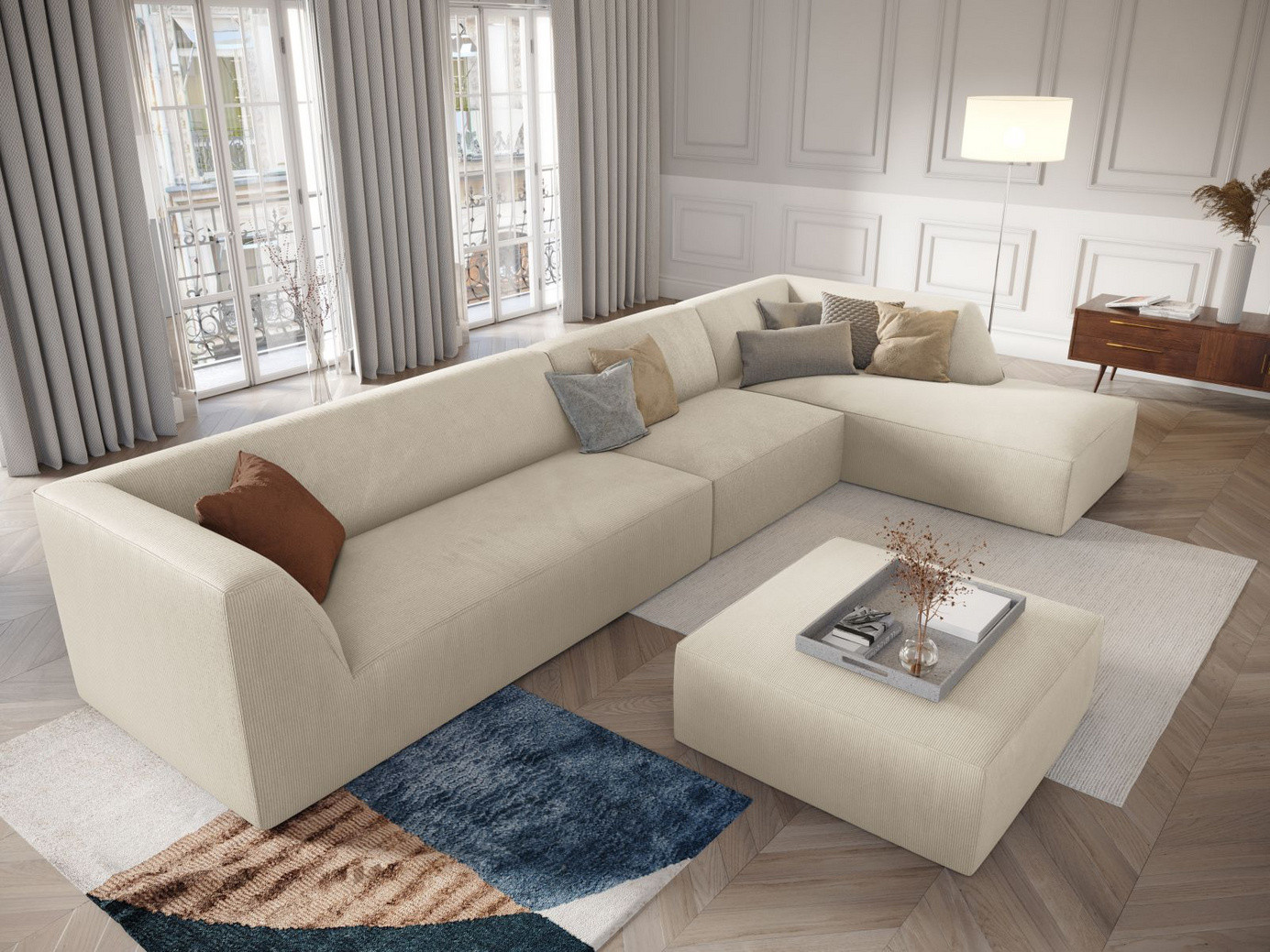 Cosmopolitan Design högervänd modulhörnsoffa, "Siena", 5-sits, 366 × 180 × 69 cm, Scala, svarta plastben