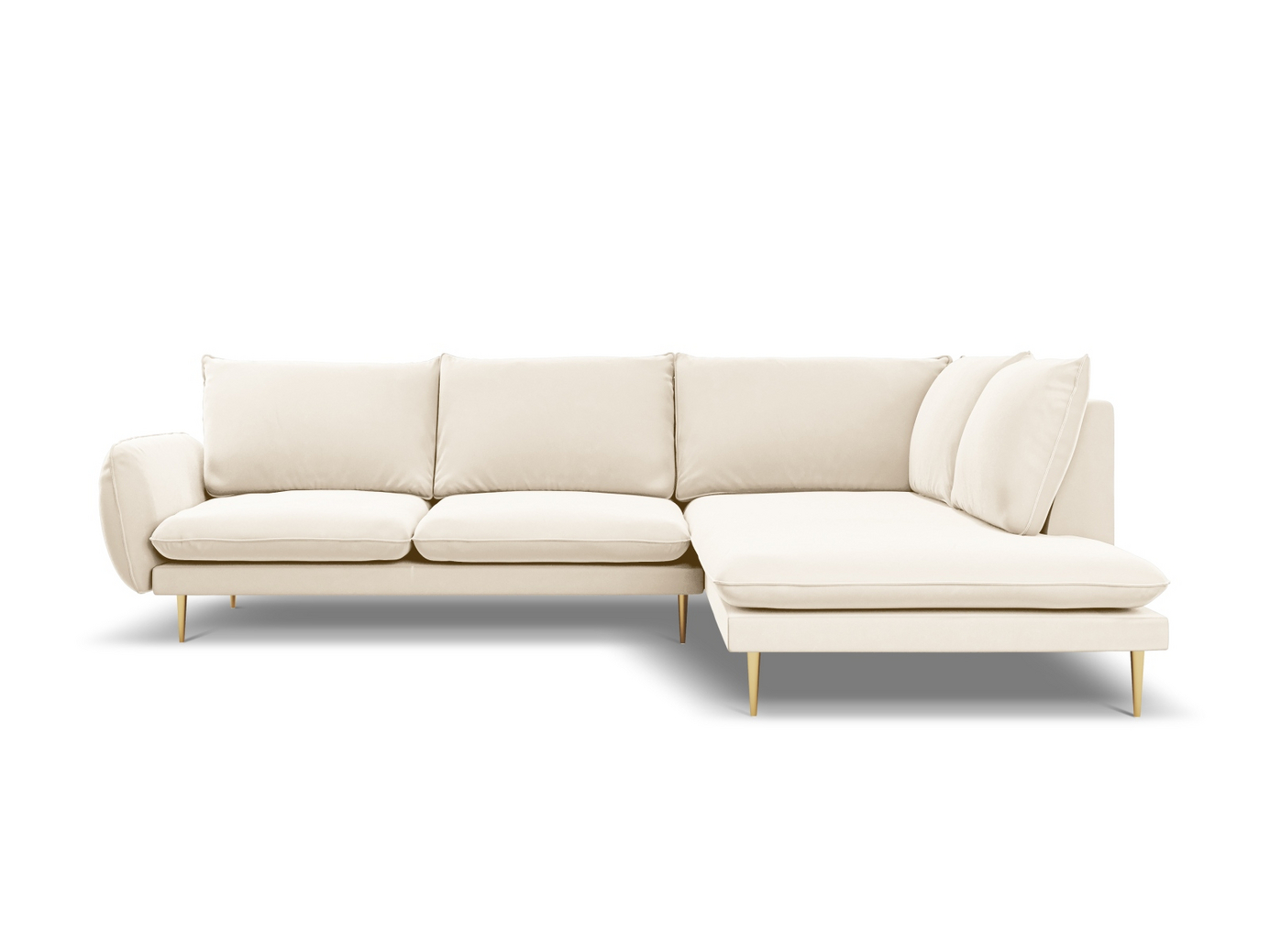 Cosmopolitan Design högervänd sammetshörnsoffa, "Vienna", 6-sits, 275 × 185 × 95 cm, Bluvel, guldfärgade metallben