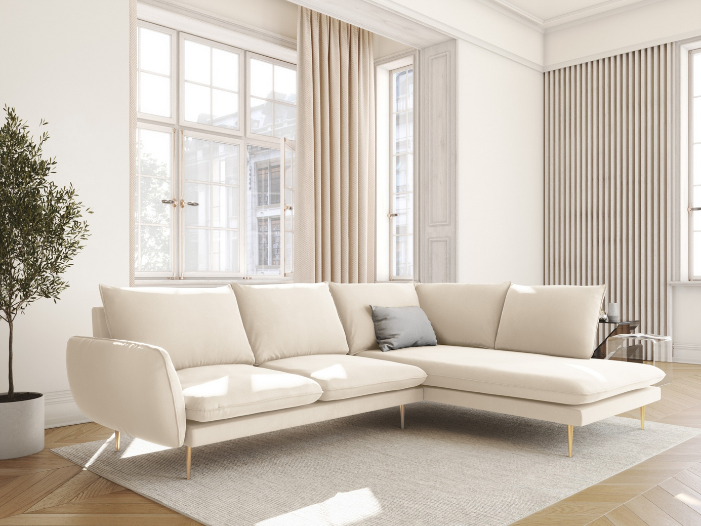 Cosmopolitan Design högervänd sammetshörnsoffa, "Vienna", 6-sits, 275 × 185 × 95 cm, Bluvel, guldfärgade metallben