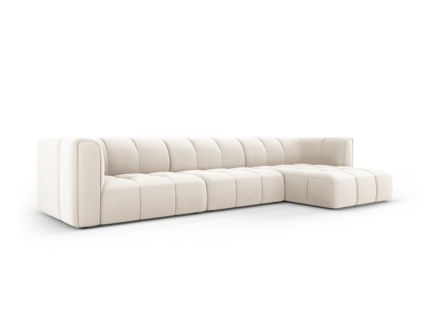 Cosmopolitan Design högervänd sammetsmodulhörnsoffa, "Moritz", 5-sits, 316 × 160 × 70 cm, Bluvel, svarta plastben