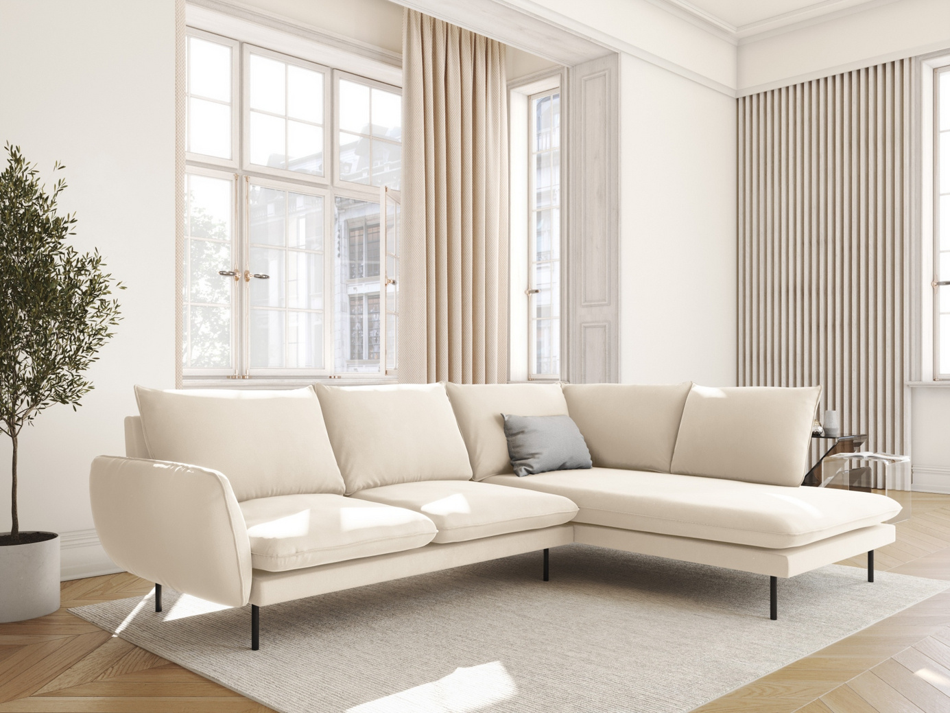 Cosmopolitan Design högervänd sammetshörnsoffa, "Vienna", 6-sits, 275 × 185 × 95 cm, Bluvel, svarta metallben