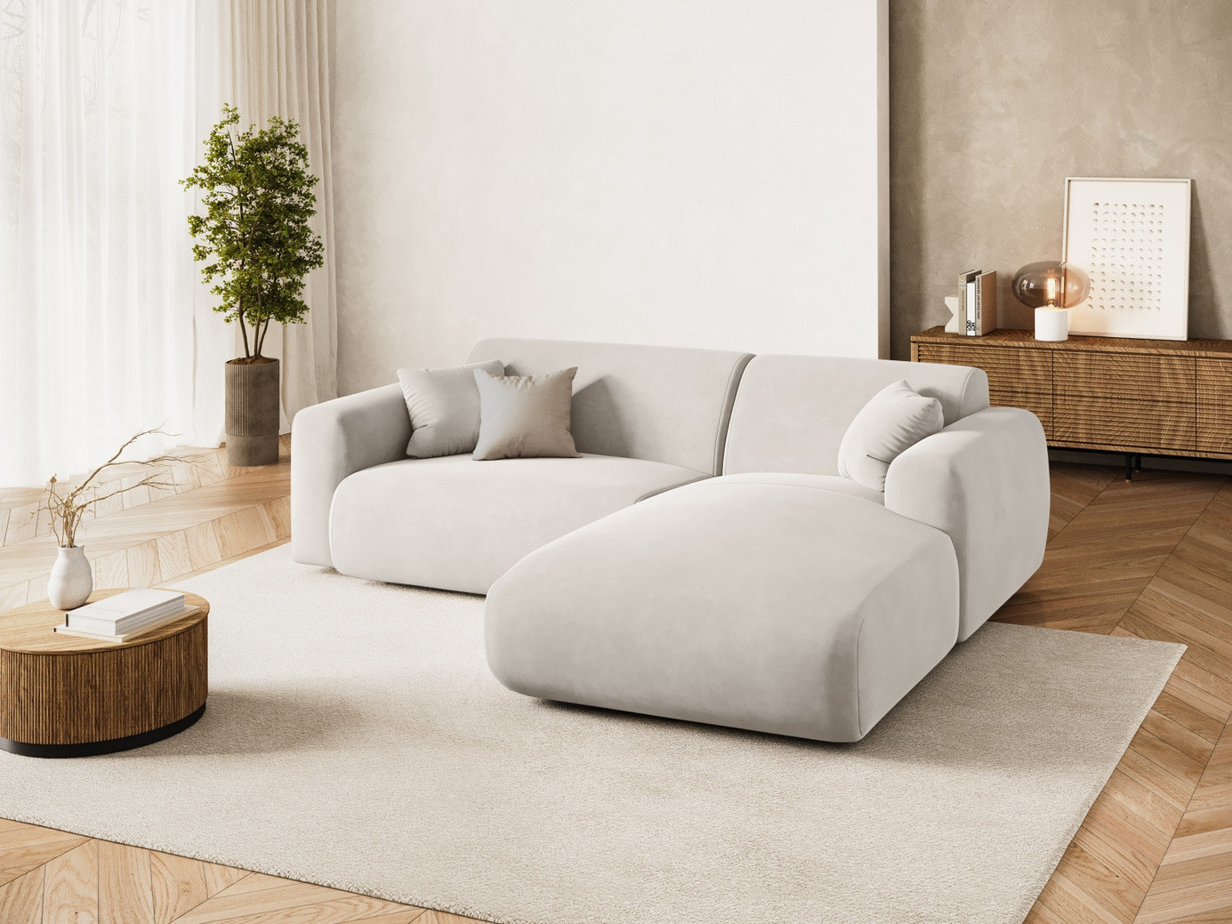 Cosmopolitan Design högervänd sammetshörnsoffa, "Nolio", 4-sits, 235 × 170 × 72 cm, Casino, svarta plastben