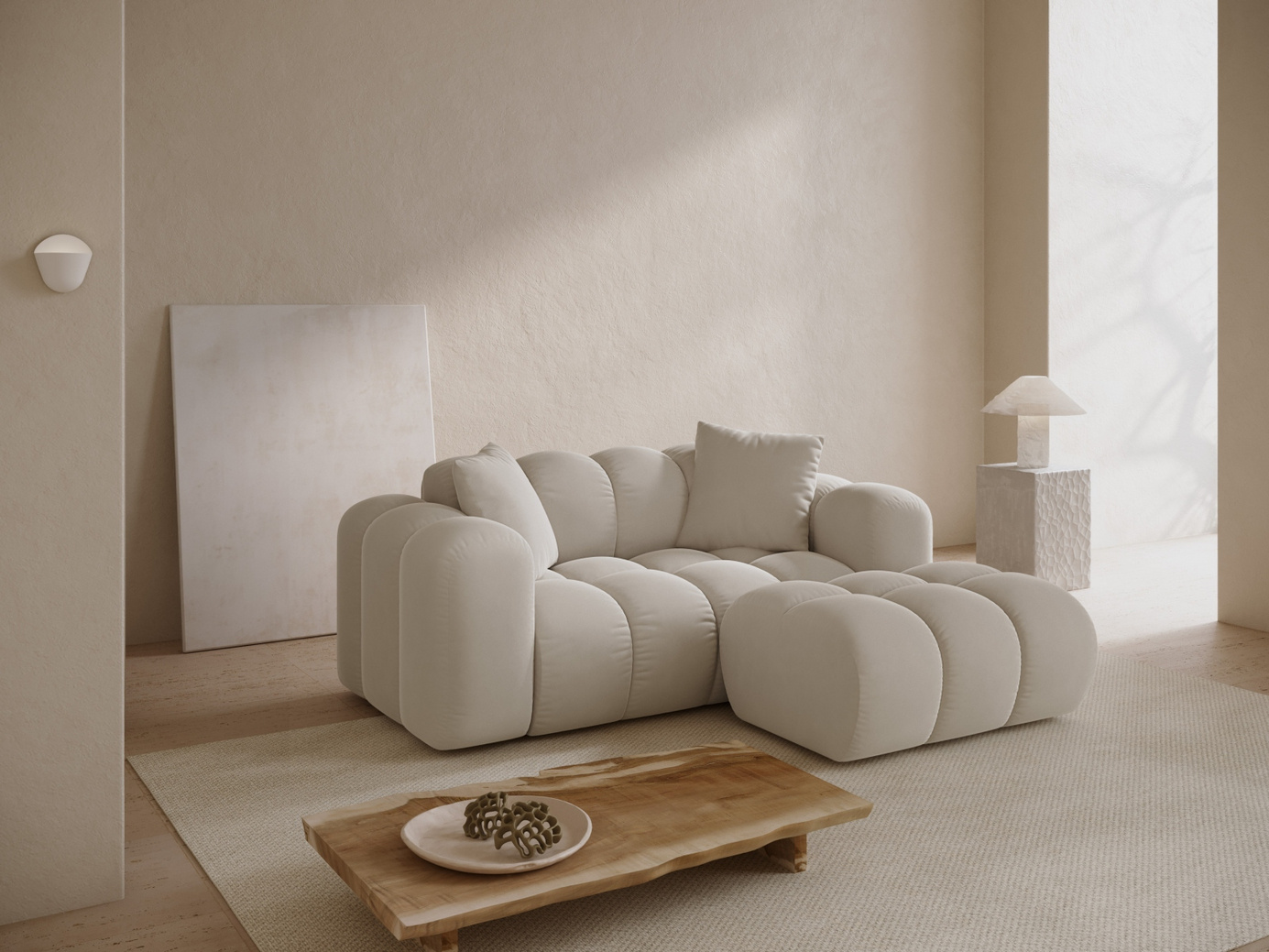 Cosmopolitan Design högervänd sammetshörnsoffa, "Treno", 2-sits, 180 × 164 × 70 cm, Bluvel, svarta plastben