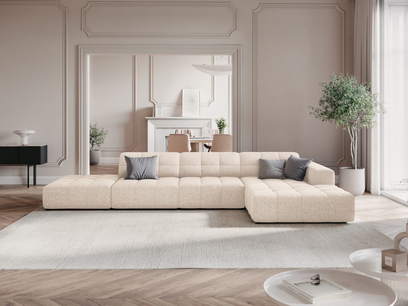 Cosmopolitan Design högervänd hörnsoffa, "Chicago", 5-sits, 348 × 167 × 78 cm, Haga, svarta plastben