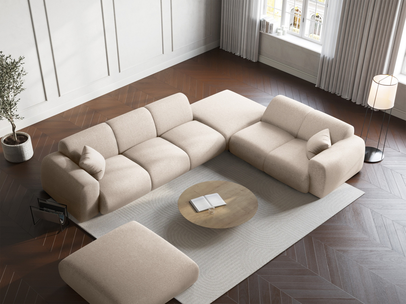 Cosmopolitan Design högervänd hörnsoffa, "Nolio", 4-sits, 315 × 250 × 72 cm, Haga, svarta plastben