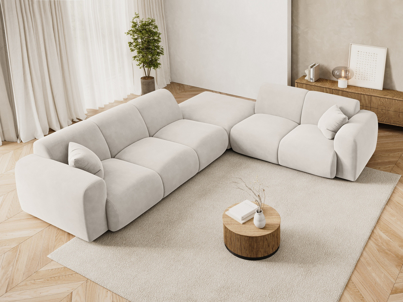 Cosmopolitan Design högervänd sammetshörnsoffa, "Nolio", 4-sits, 315 × 250 × 72 cm, Casino, svarta plastben