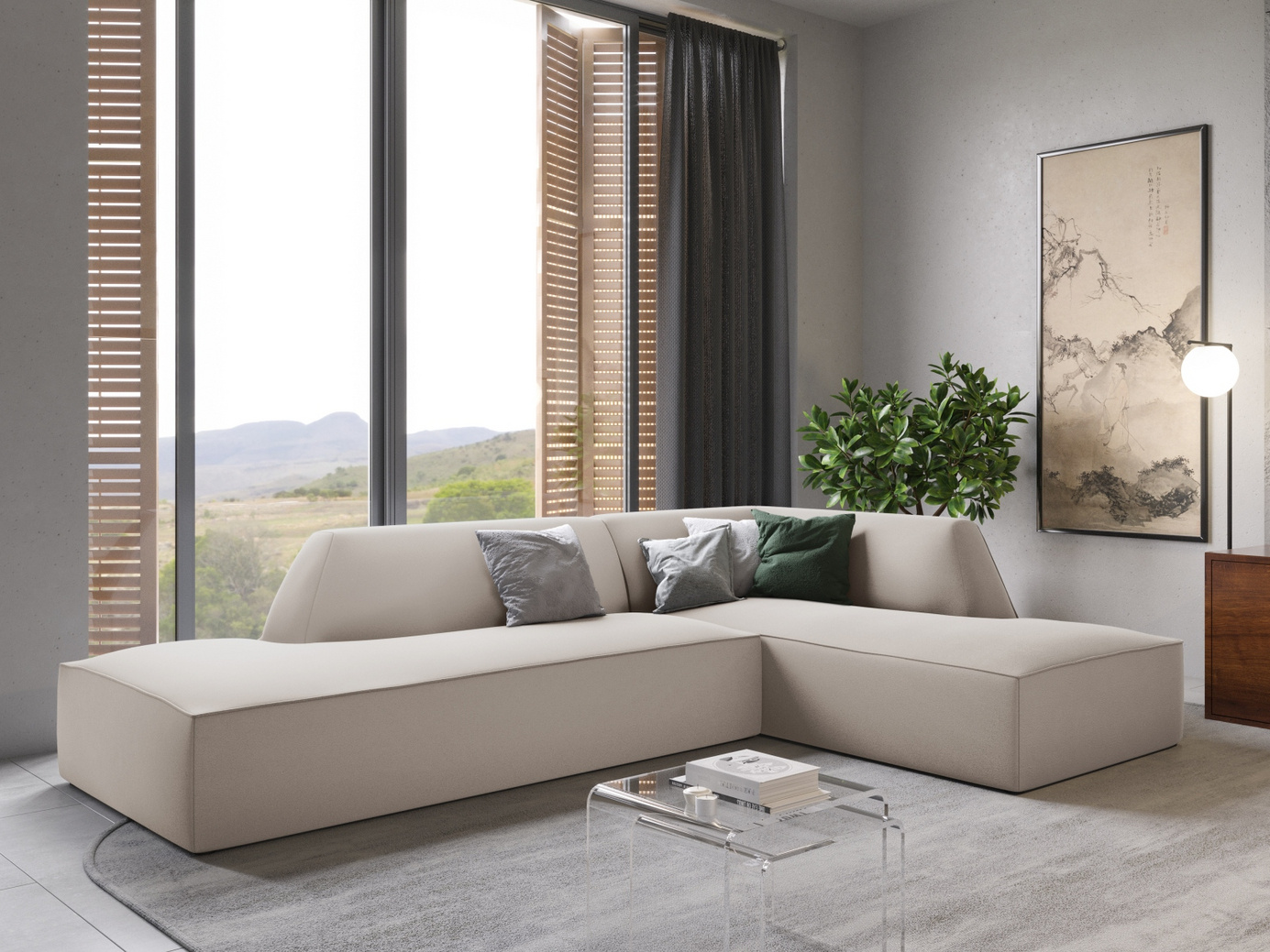 Cosmopolitan Design högervänd sammetsmodulhörnsoffa, "Siena", 4-sits, 273 × 180 × 69 cm, Salvador, svarta plastben, Variant RCO_44