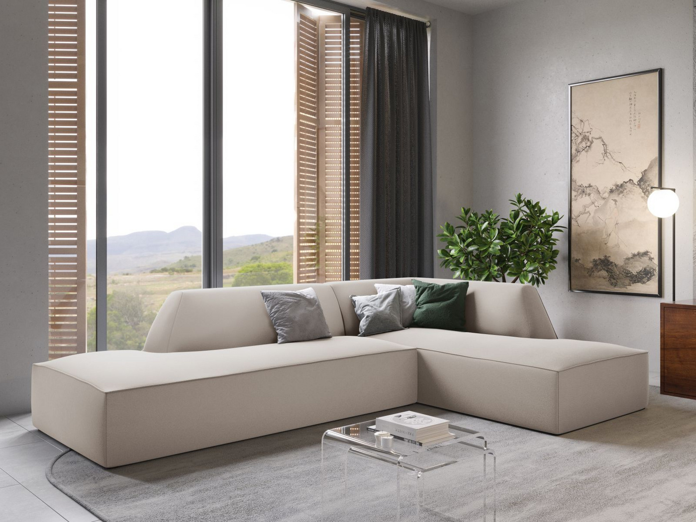 Cosmopolitan Design högervänd sammetsmodulhörnsoffa, "Siena", 4-sits, 273 × 180 × 69 cm, Salvador, svarta plastben, Variant RCO_44