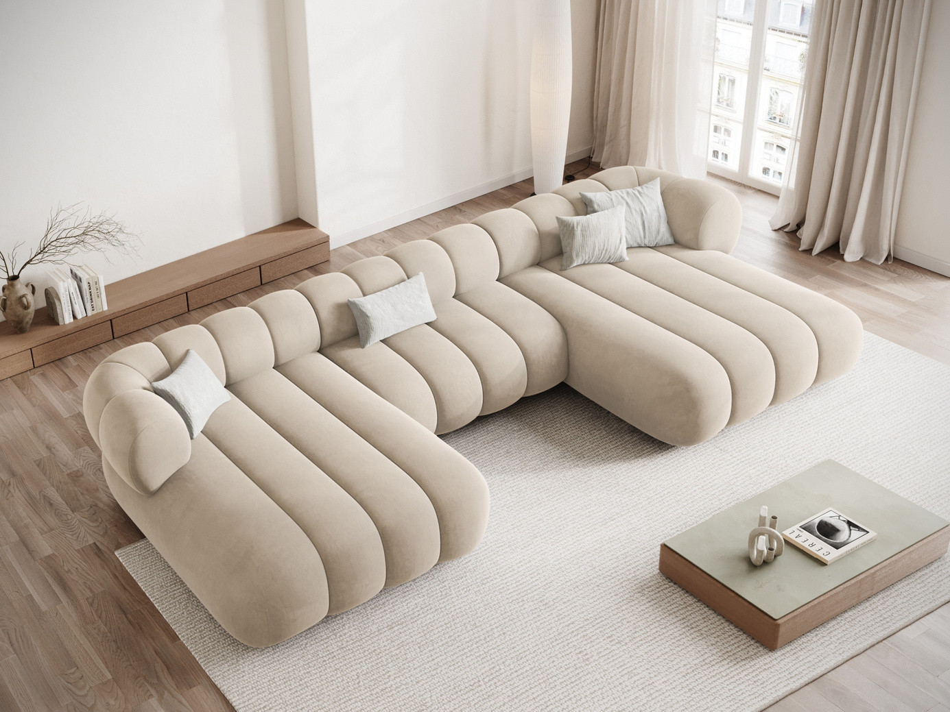 Cosmopolitan Design sammetspanoramasoffa, "Koge", 6-sits, 348 × 165 × 70 cm, Vogue, svarta plastben