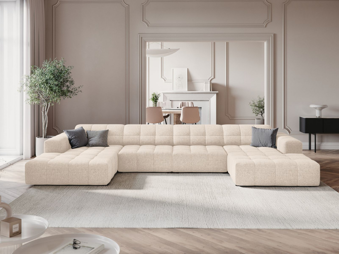 Cosmopolitan Design panoramasoffa, "Chicago", 6-sits, 375 × 167 × 78 cm, Haga, svarta plastben