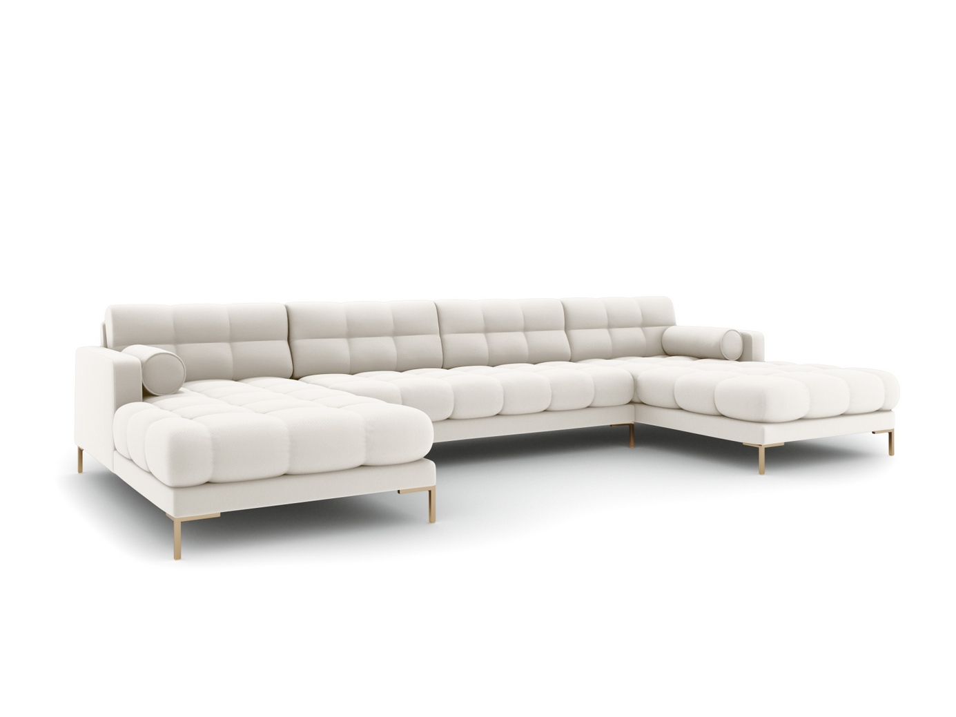 Cosmopolitan Design panoramasoffa, "Bali", 7-sits, 383 × 185 × 75 cm, Neve, guldfärgade metallben