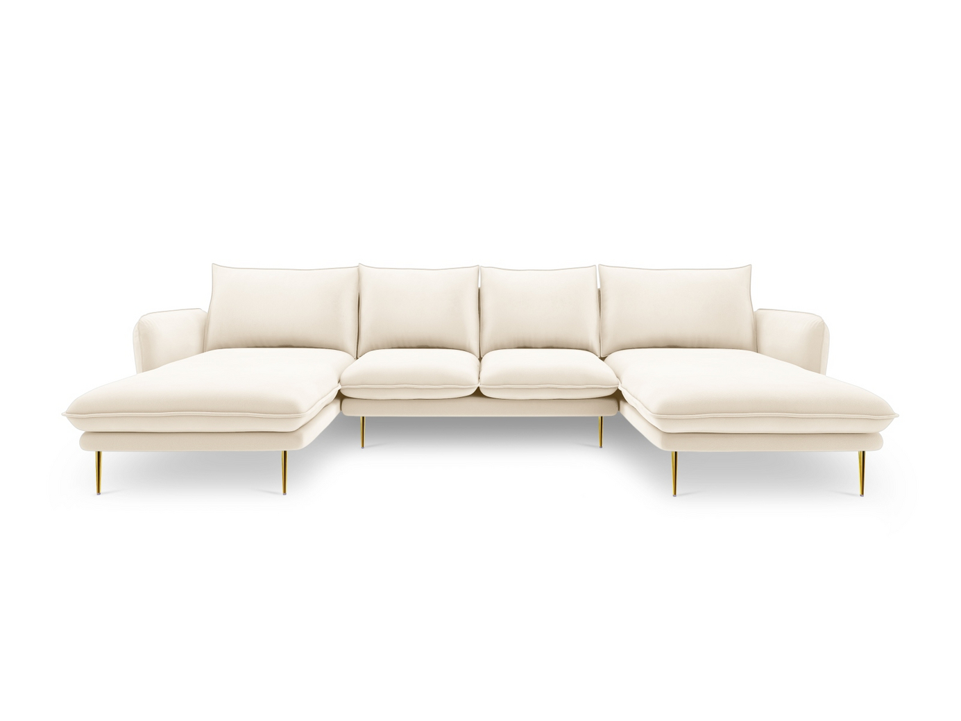 Cosmopolitan Design sammetspanoramasoffa, "Vienna", 6-sits, 350 × 170 × 95 cm, Bluvel, guldfärgade metallben