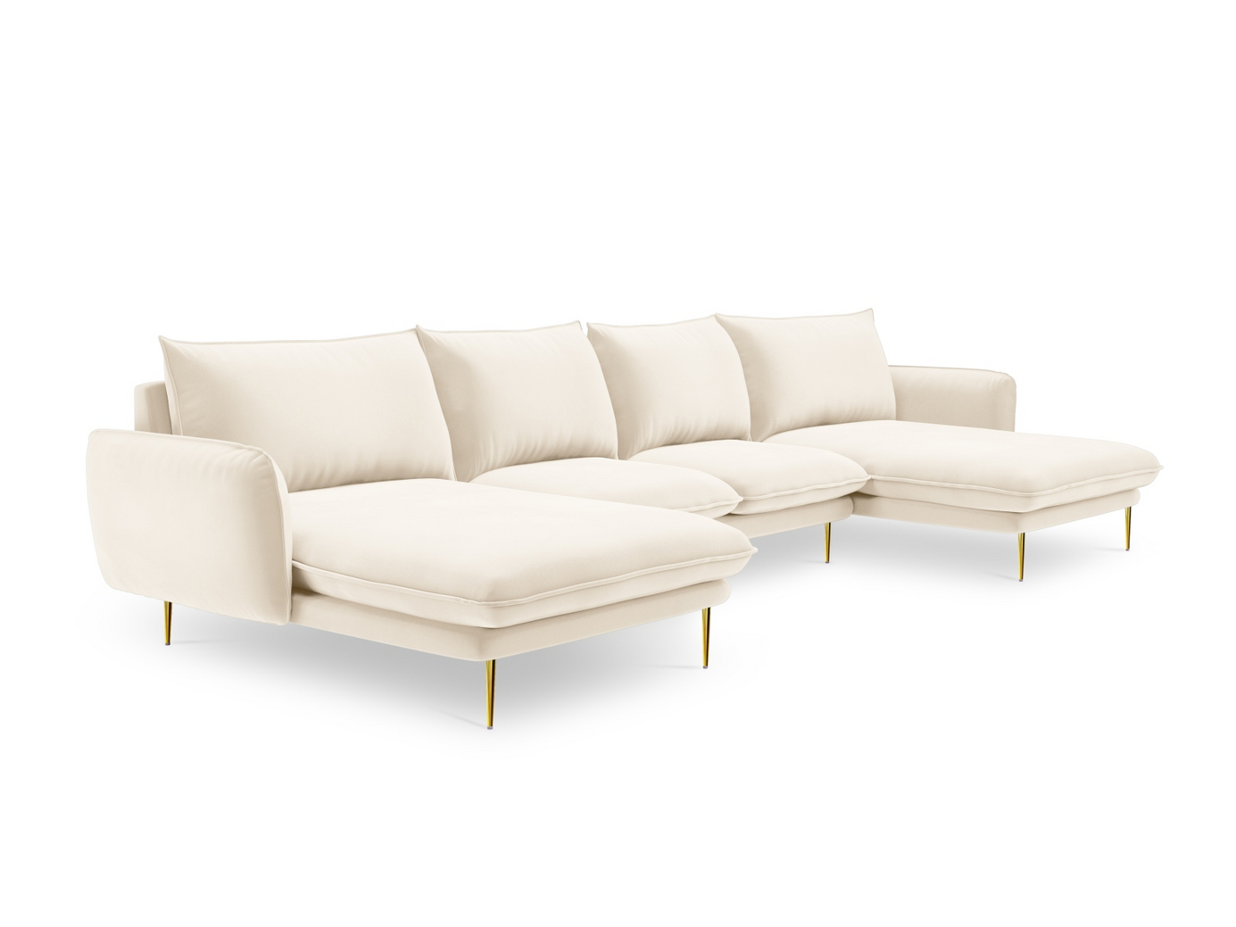 Cosmopolitan Design sammetspanoramasoffa, "Vienna", 6-sits, 350 × 170 × 95 cm, Bluvel, guldfärgade metallben