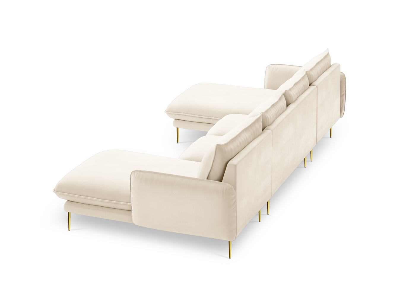 Cosmopolitan Design sammetspanoramasoffa, "Vienna", 6-sits, 350 × 170 × 95 cm, Bluvel, guldfärgade metallben