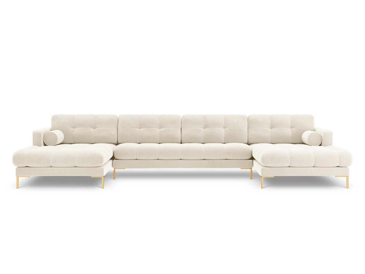 Cosmopolitan Design sammetspanoramasoffa, "Bali", 7-sits, 383 × 185 × 75 cm, Bluvel, guldfärgade metallben