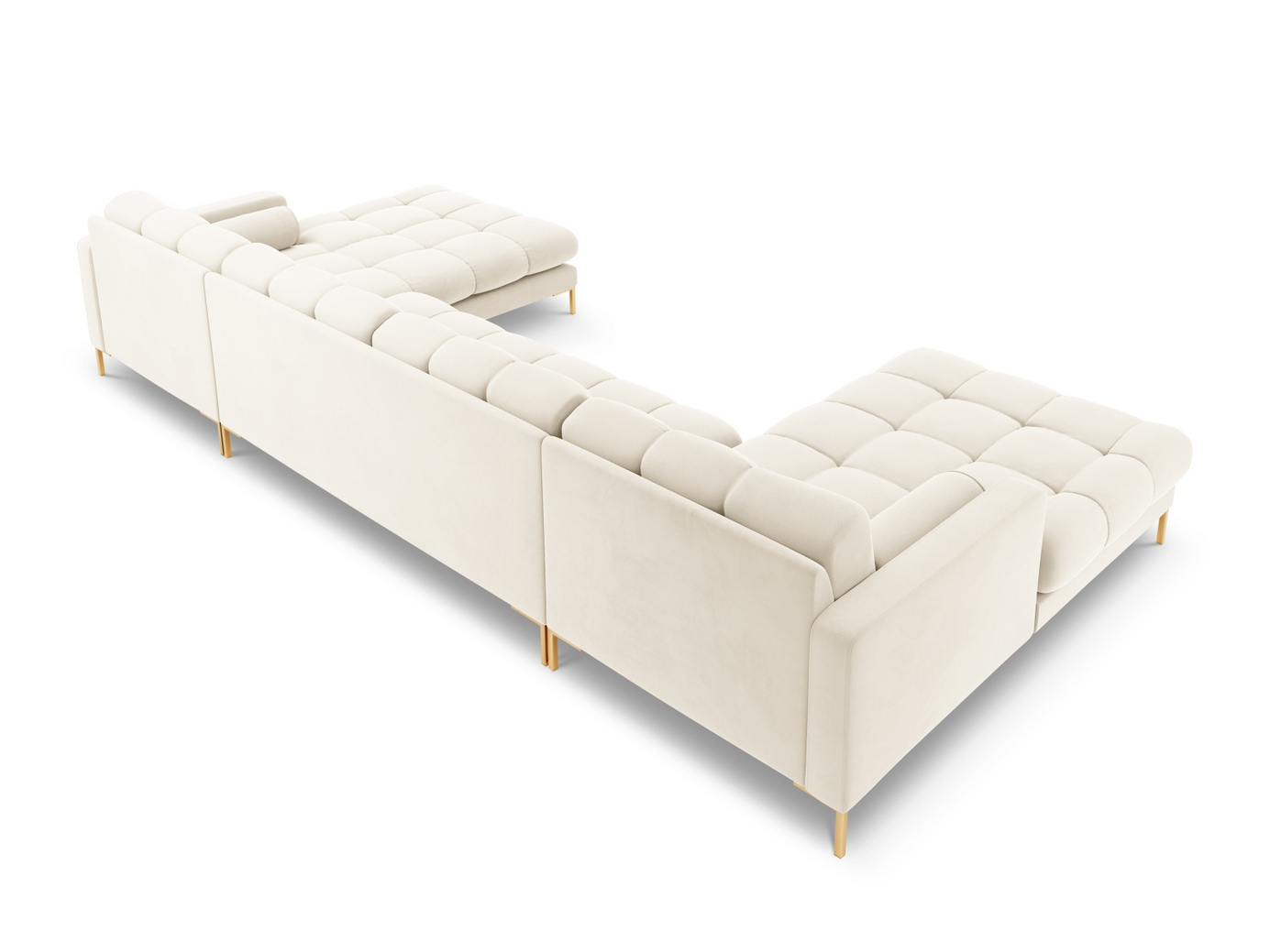 Cosmopolitan Design sammetspanoramasoffa, "Bali", 7-sits, 383 × 185 × 75 cm, Bluvel, guldfärgade metallben