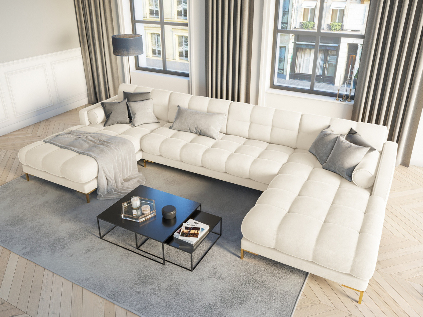 Cosmopolitan Design sammetspanoramasoffa, "Bali", 7-sits, 383 × 185 × 75 cm, Bluvel, guldfärgade metallben