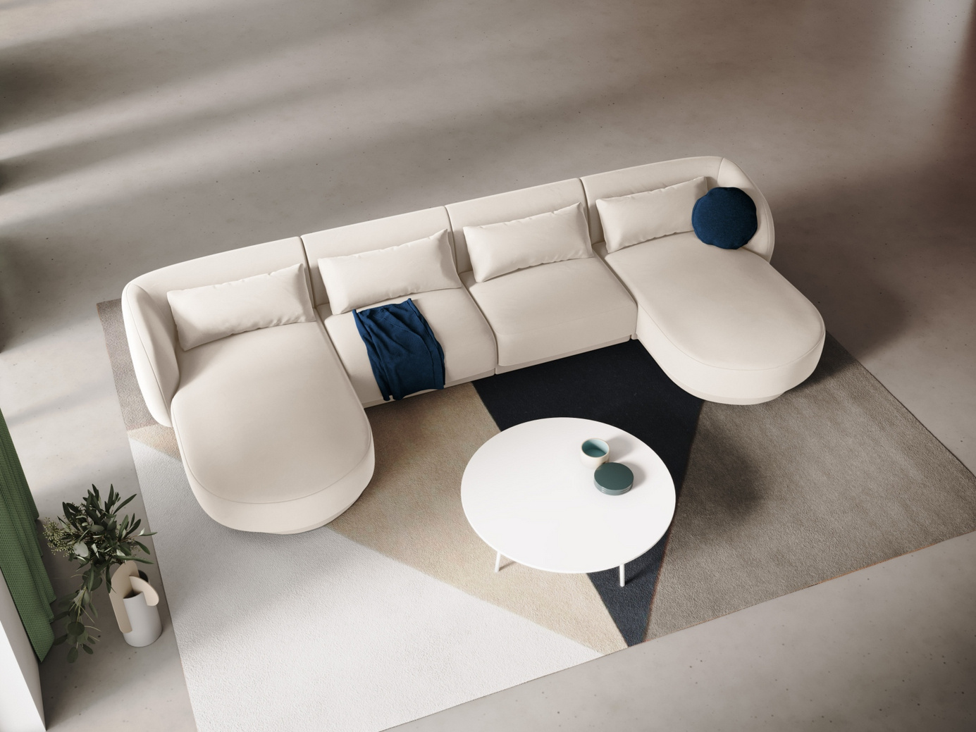 Cosmopolitan Design sammetspanoramasoffa, "Tulum", 5-sits, 330 × 156 × 70 cm, Bluvel, svarta plastben