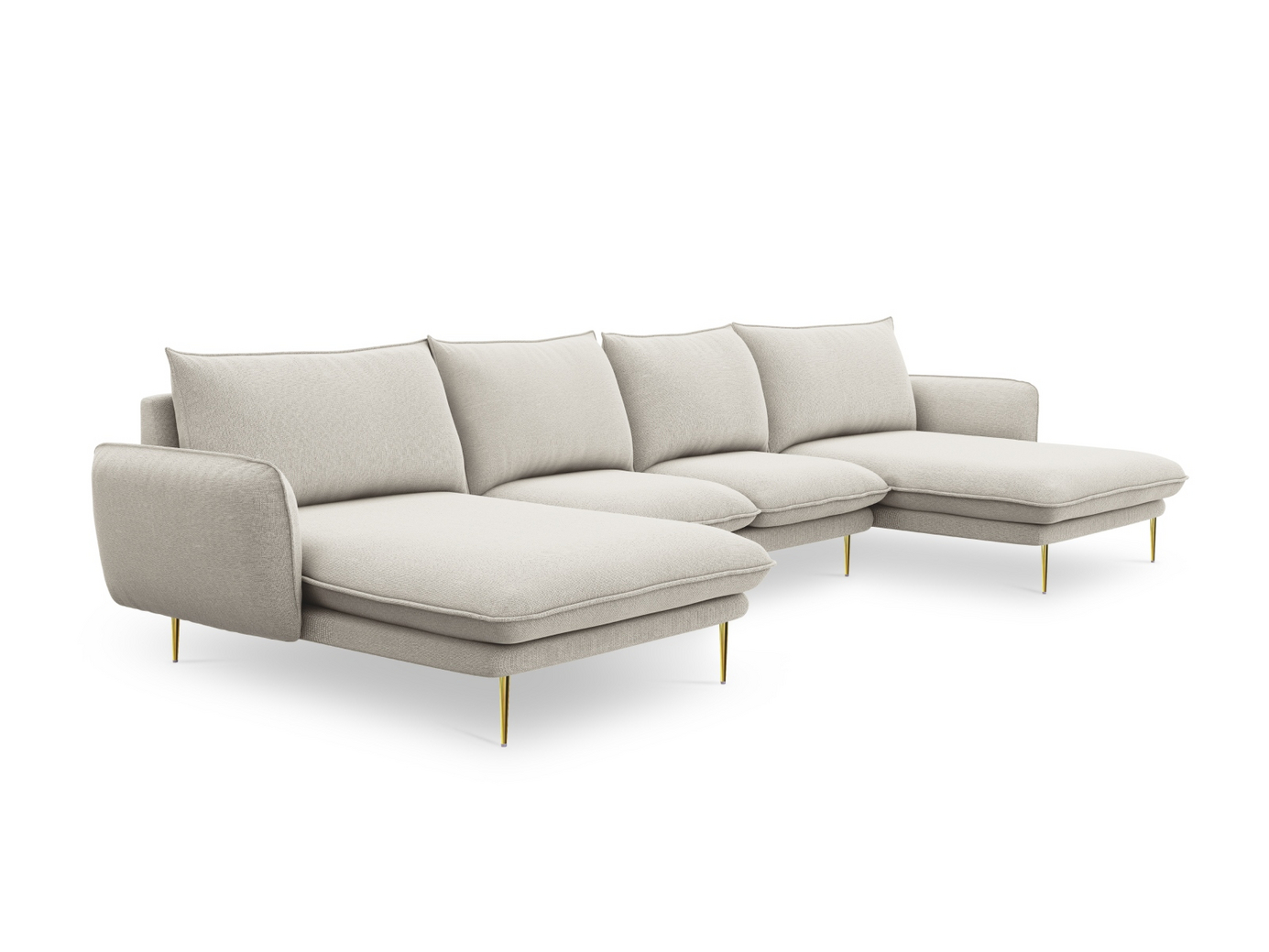 Cosmopolitan Design panoramasoffa, "Vienna", 6-sits, 350 × 170 × 95 cm, Positano, guldfärgade metallben