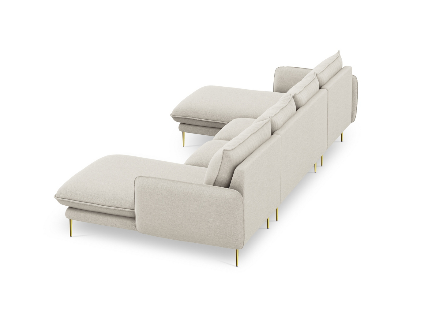 Cosmopolitan Design panoramasoffa, "Vienna", 6-sits, 350 × 170 × 95 cm, Positano, guldfärgade metallben