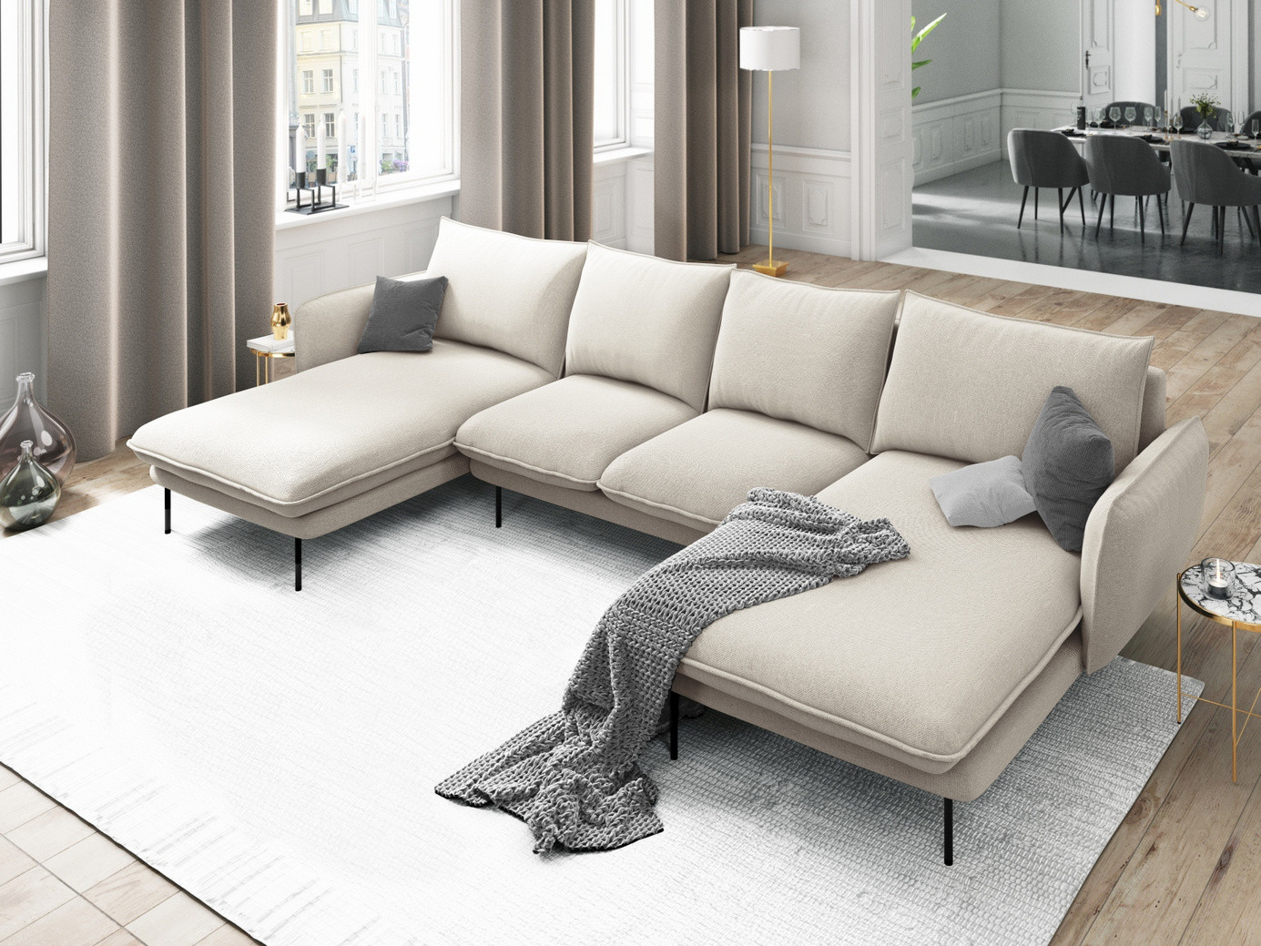 Cosmopolitan Design panoramasoffa, "Vienna", 6-sits, 350 × 170 × 95 cm, Positano, svarta metallben