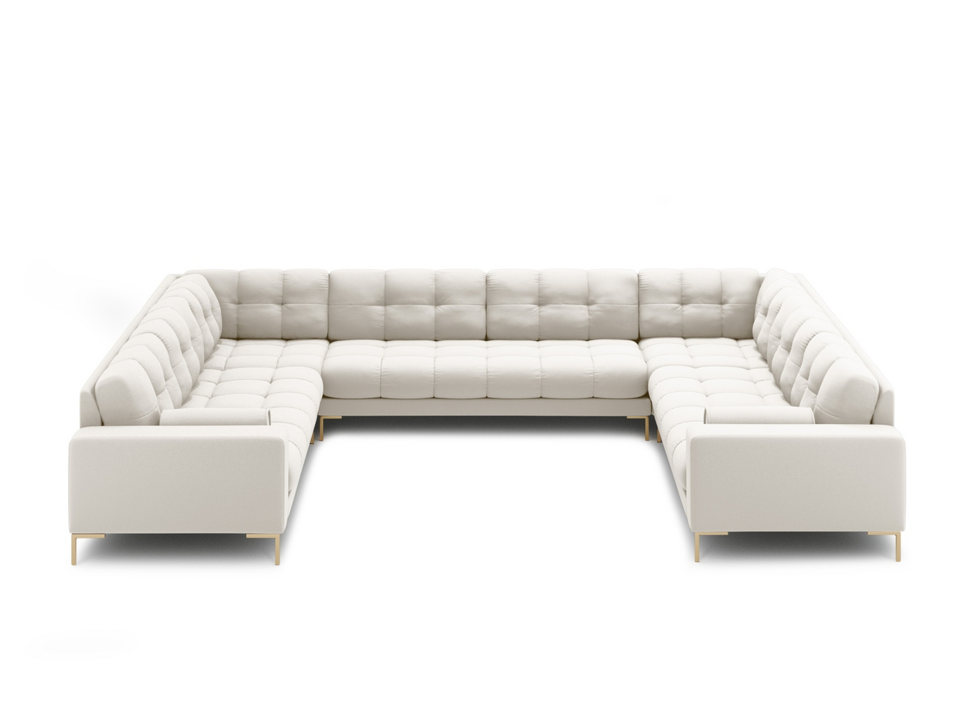 Cosmopolitan Design panoramasoffa, "Bali", 9-sits, 327 × 256 × 75 cm, Neve, guldfärgade metallben