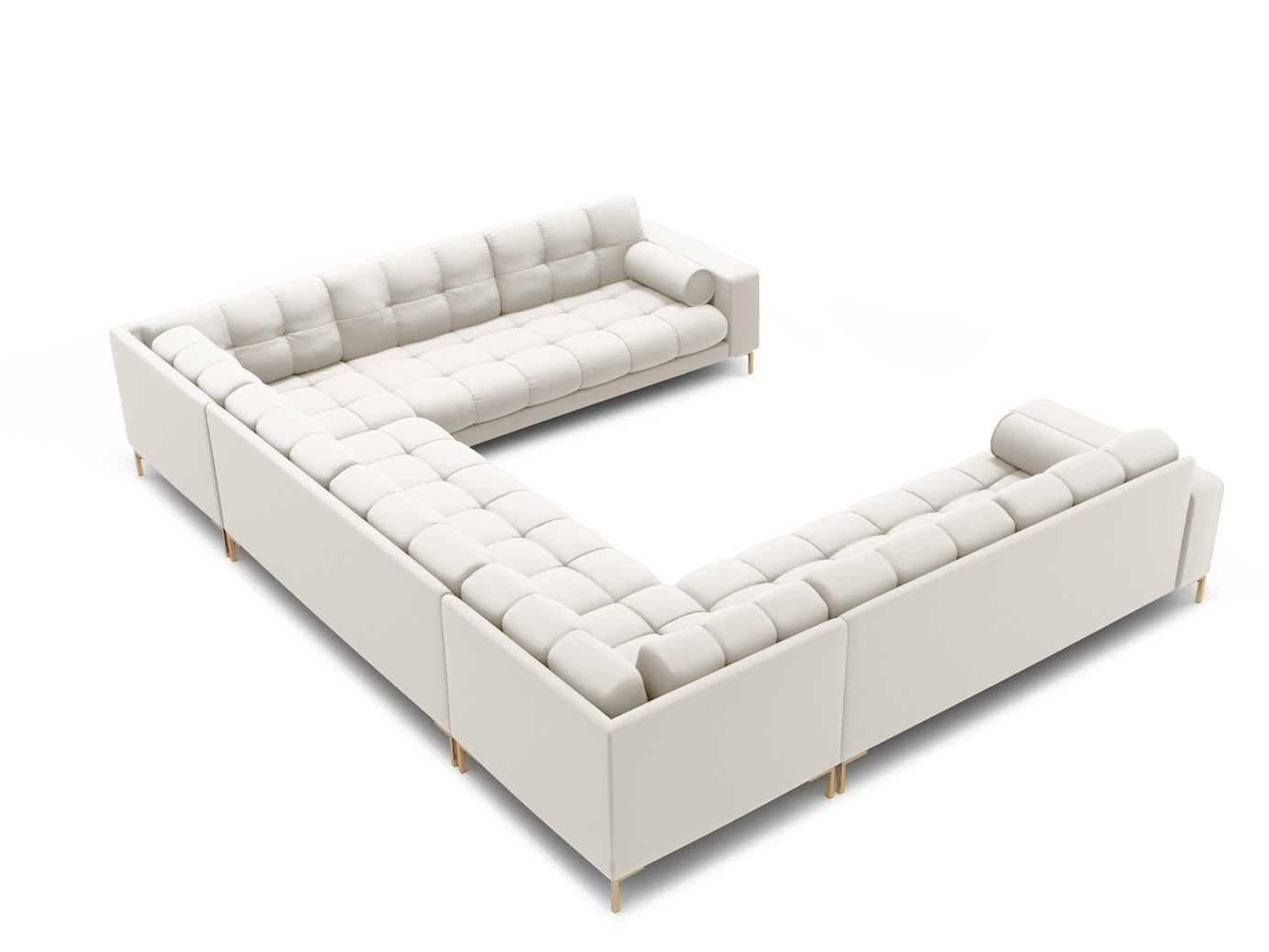 Cosmopolitan Design panoramasoffa, "Bali", 9-sits, 327 × 256 × 75 cm, Neve, guldfärgade metallben