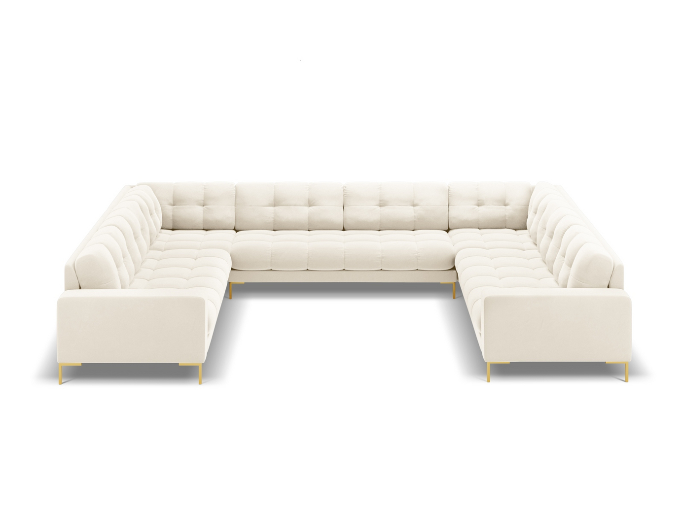 Cosmopolitan Design sammetspanoramasoffa, "Bali", 9-sits, 327 × 256 × 75 cm, Bluvel, guldfärgade metallben