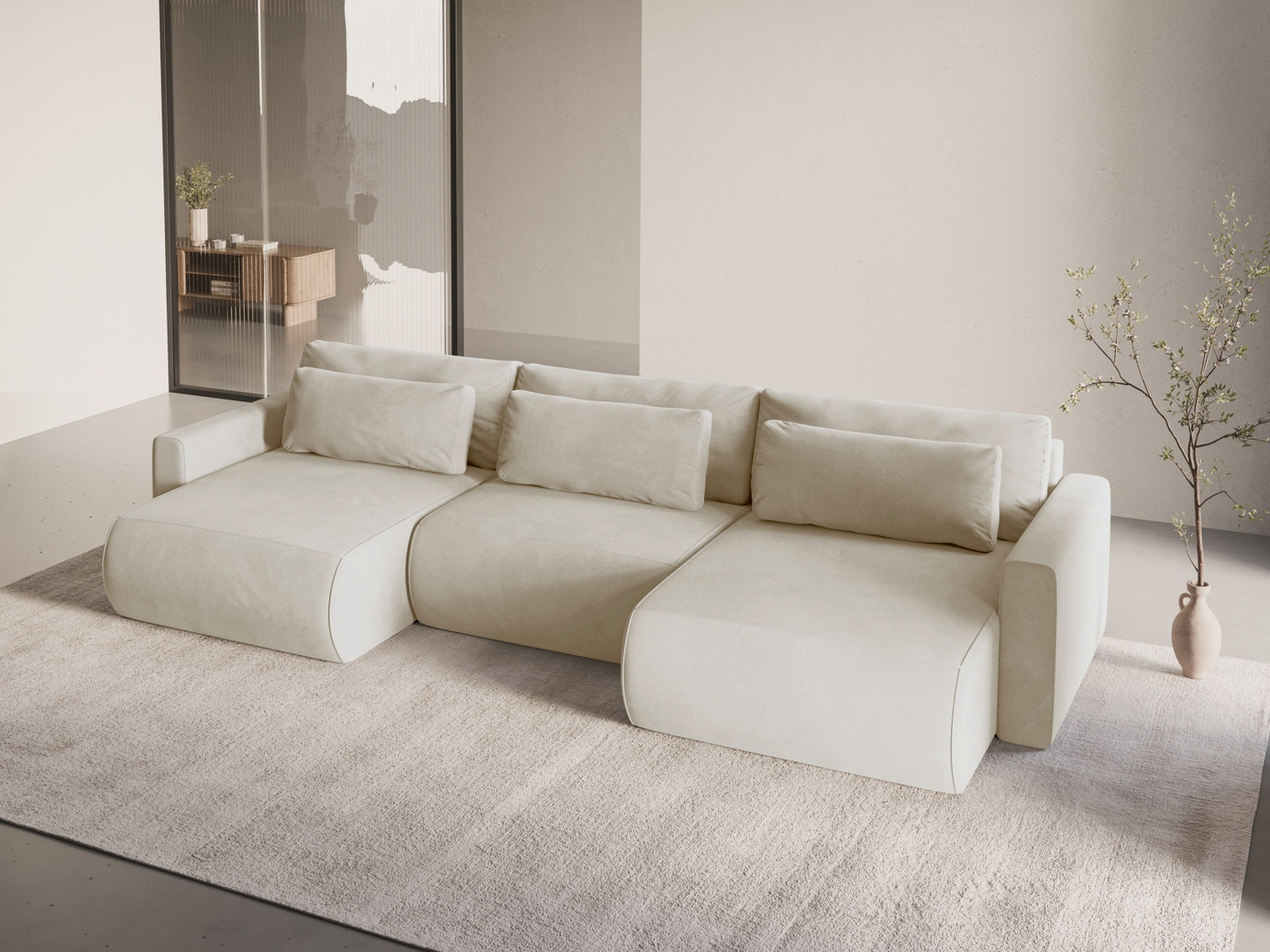 Cosmopolitan Design sammetspanoramabäddsoffa med förvaring, "Belfast", 4-sits, 340 × 149 × 84 cm, Magic Velvet, svarta plastben