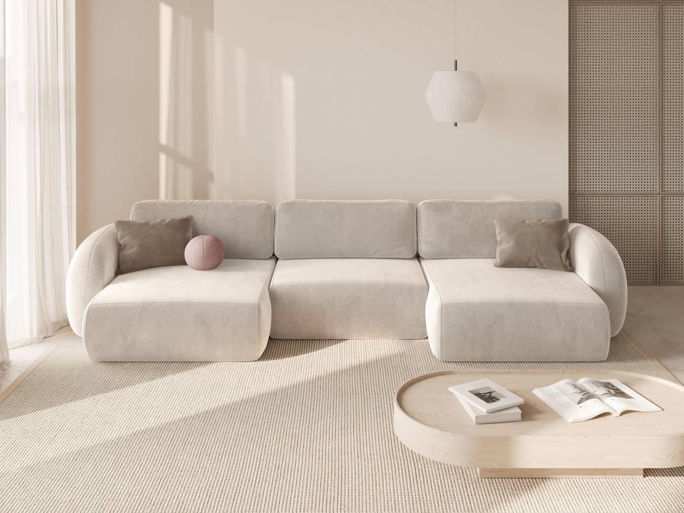 Cosmopolitan Design sammetspanoramabäddsoffa med förvaring, "Tonale", 5-sits, 362 × 149 × 88 cm, Magic Velvet, svarta plastben