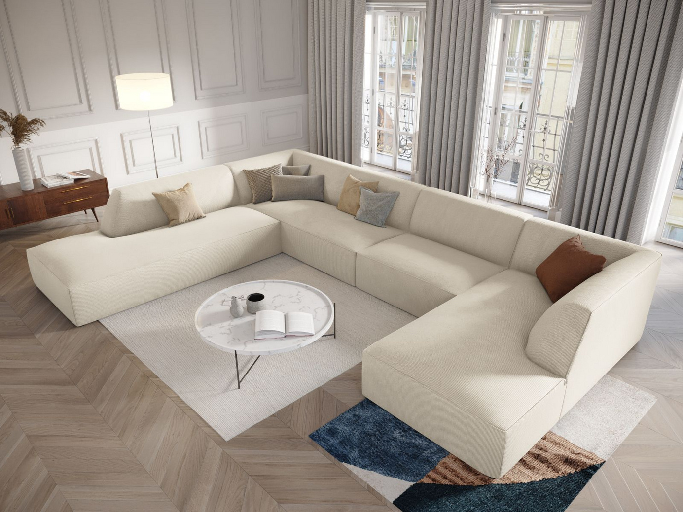 Cosmopolitan Design vänstervänd panoramahörnsoffa, "Siena", 7-sits, 366 × 273 × 69 cm, Scala, svarta plastben