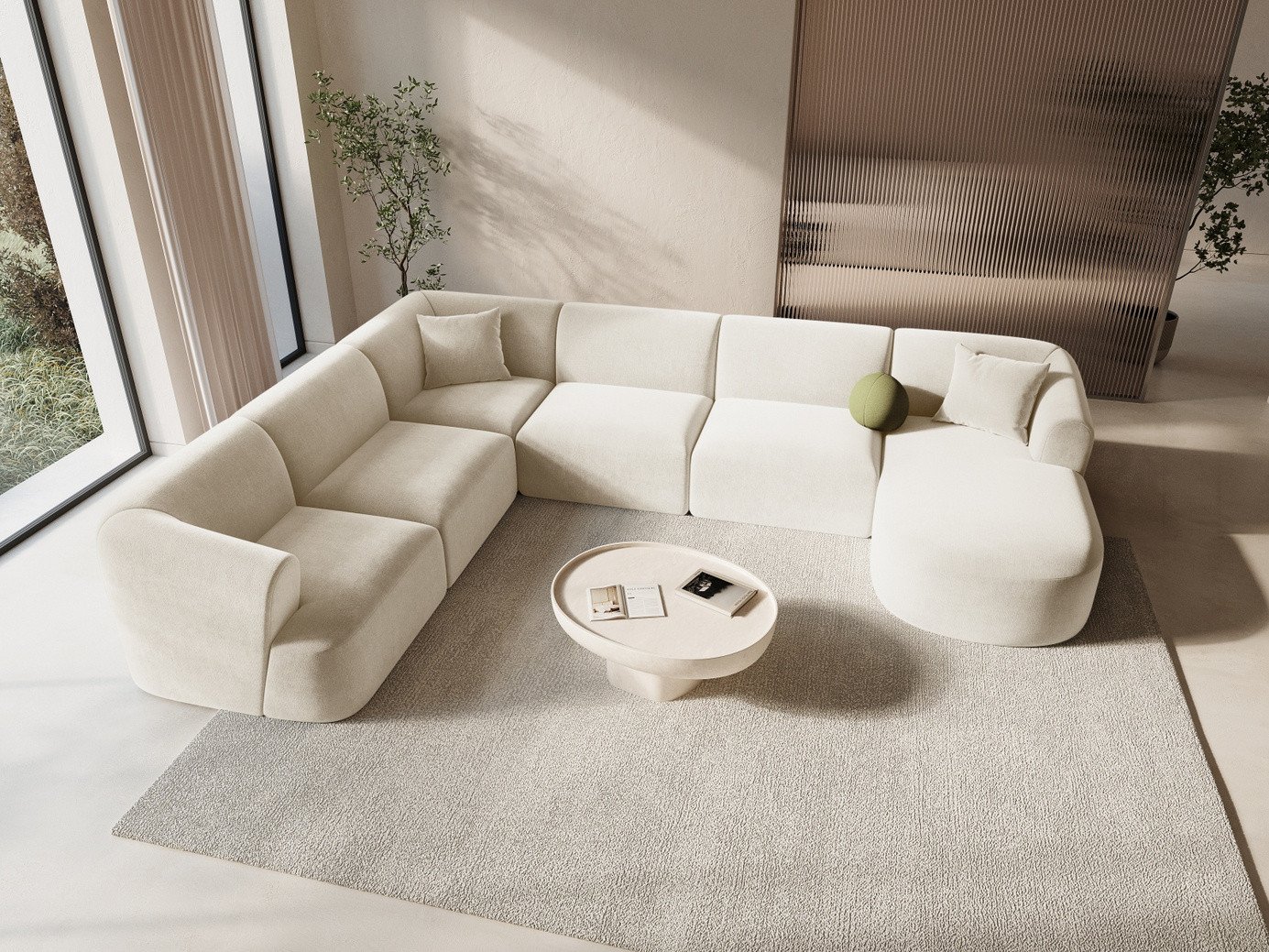 Cosmopolitan Design vänstervänd sammetspanoramamodulhörnsoffa, "Campi", 7-sits, 330 × 255 × 70 cm, Vogue, svarta plastben