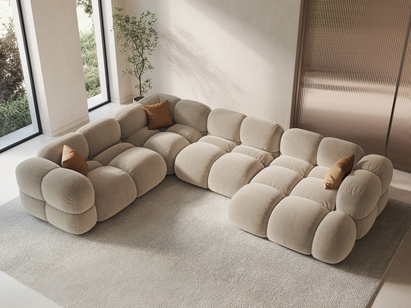 Cosmopolitan Design vänstervänd sammetspanoramahörnsoffa, "Loretto", 5-sits, 345 × 250 × 68 cm, Vogue, svarta plastben