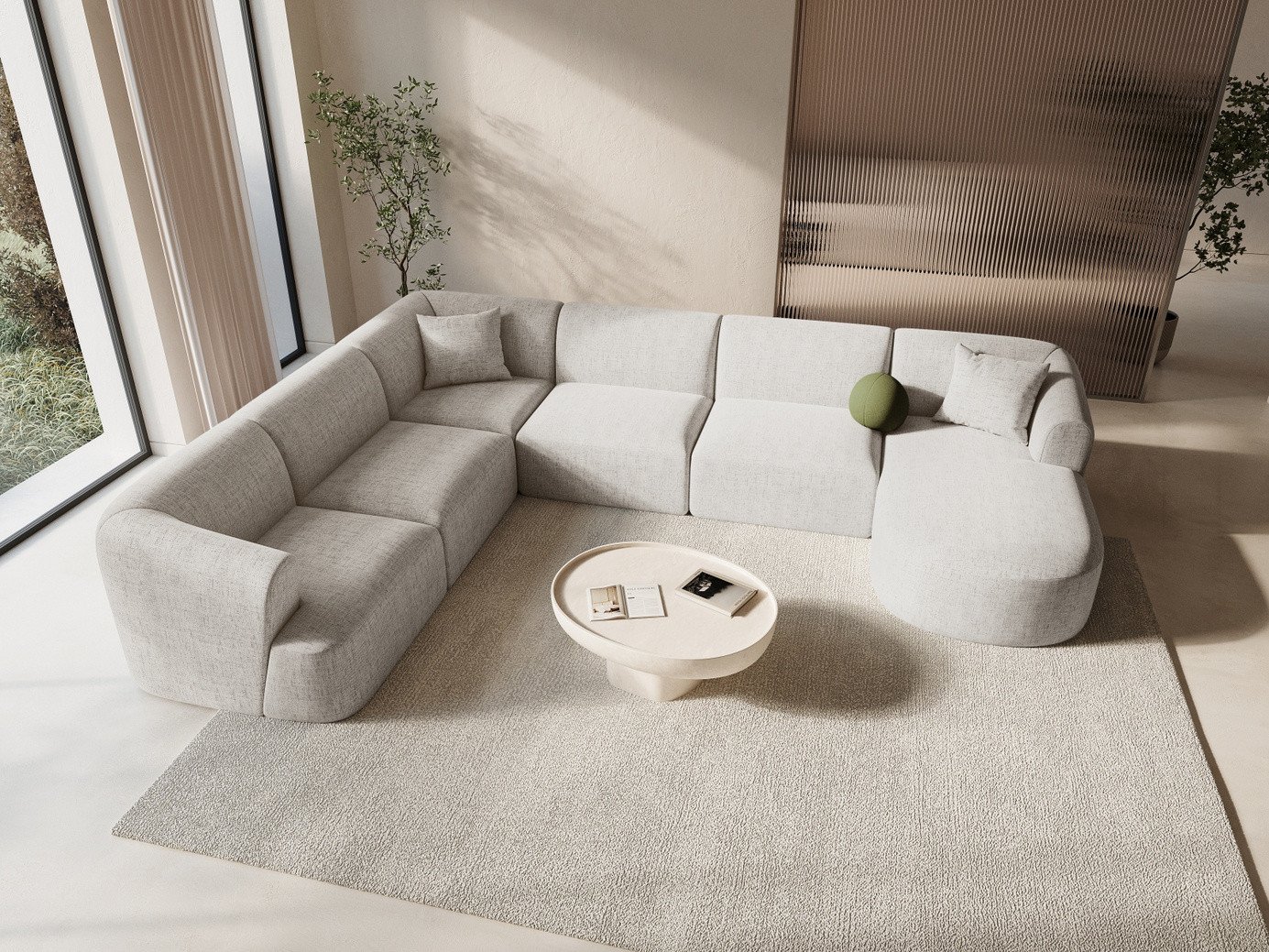 Cosmopolitan Design vänstervänd panoramamodulhörnsoffa, "Campi", 7-sits, 330 × 255 × 70 cm, Moly, svarta plastben