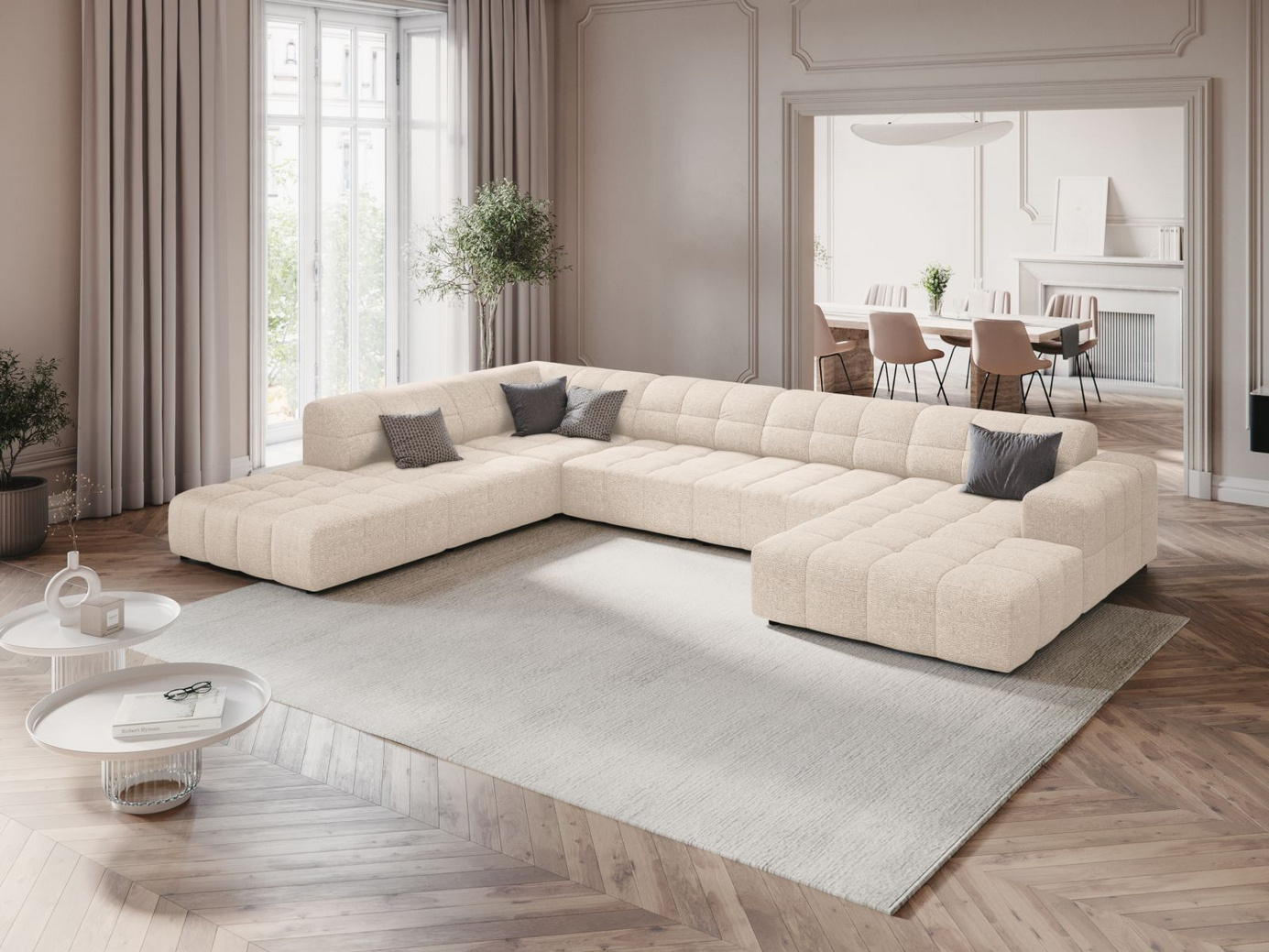 Cosmopolitan Design vänstervänd panoramahörnsoffa, "Chicago", 7-sits, 375 × 263 × 78 cm, Haga, svarta plastben