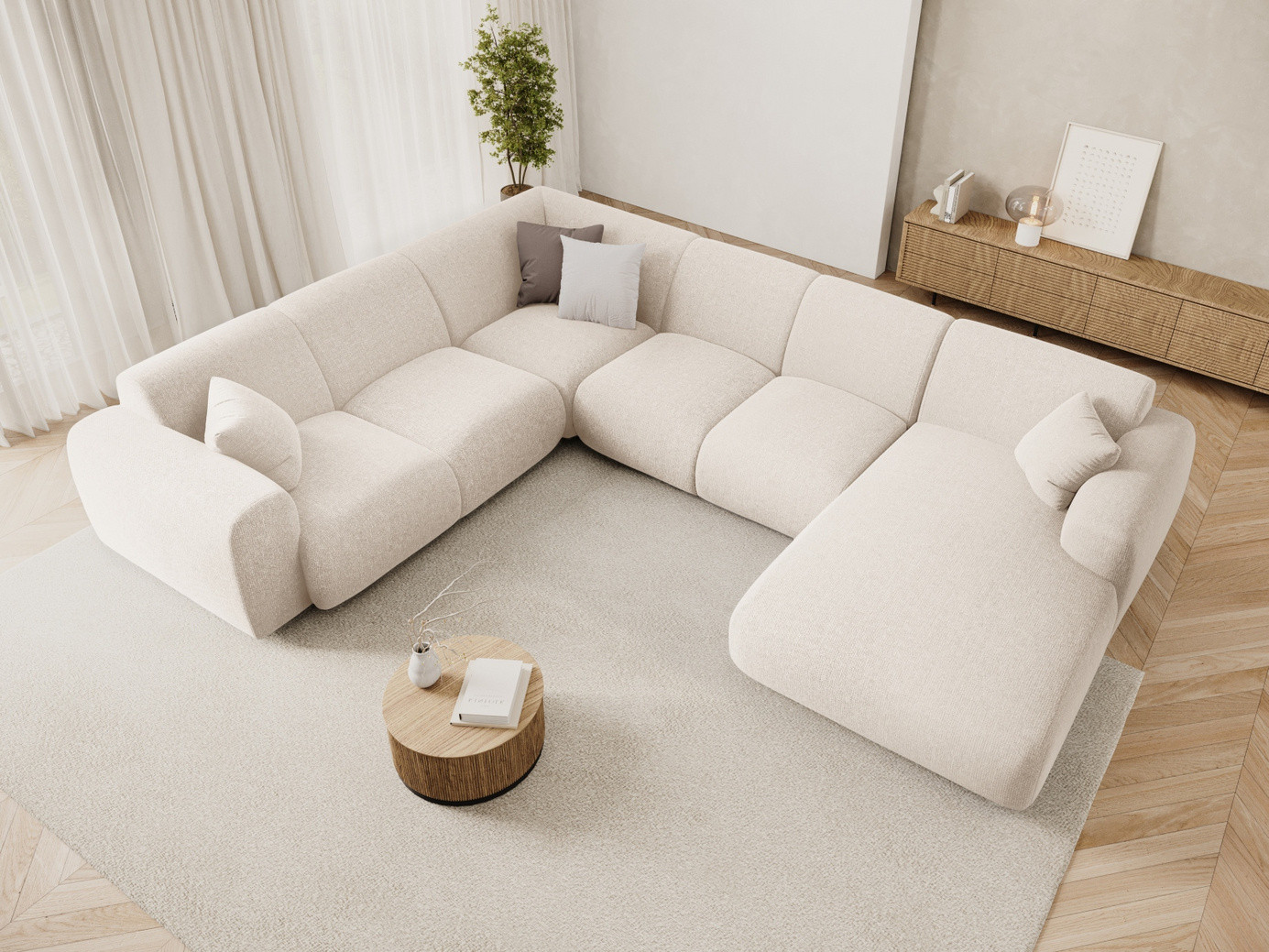 Cosmopolitan Design vänstervänd panoramahörnsoffa, "Nolio", 6-sits, 342 × 252 × 72 cm, Haga, svarta plastben