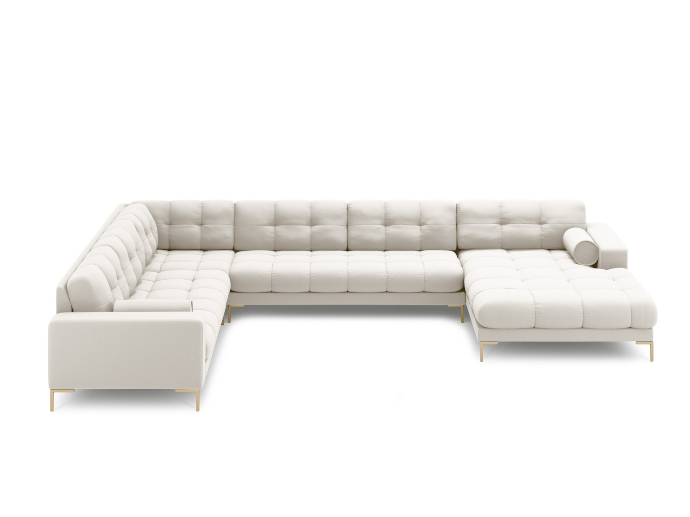 Cosmopolitan Design vänstervänd panoramahörnsoffa, "Bali", 7-sits, 327 × 256 × 75 cm, Neve, guldfärgade metallben